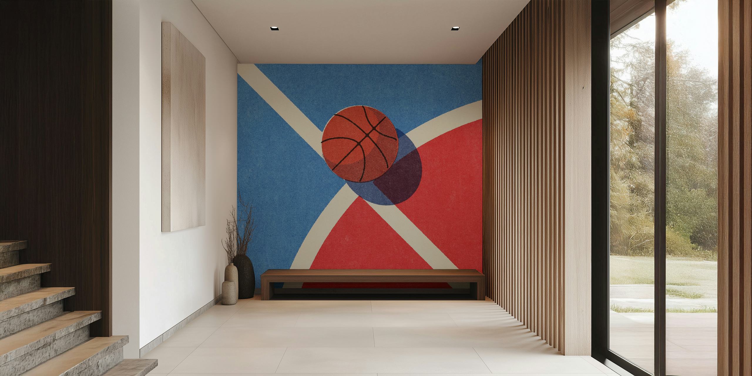Basketball ball on blue and red geometric background wallpaper