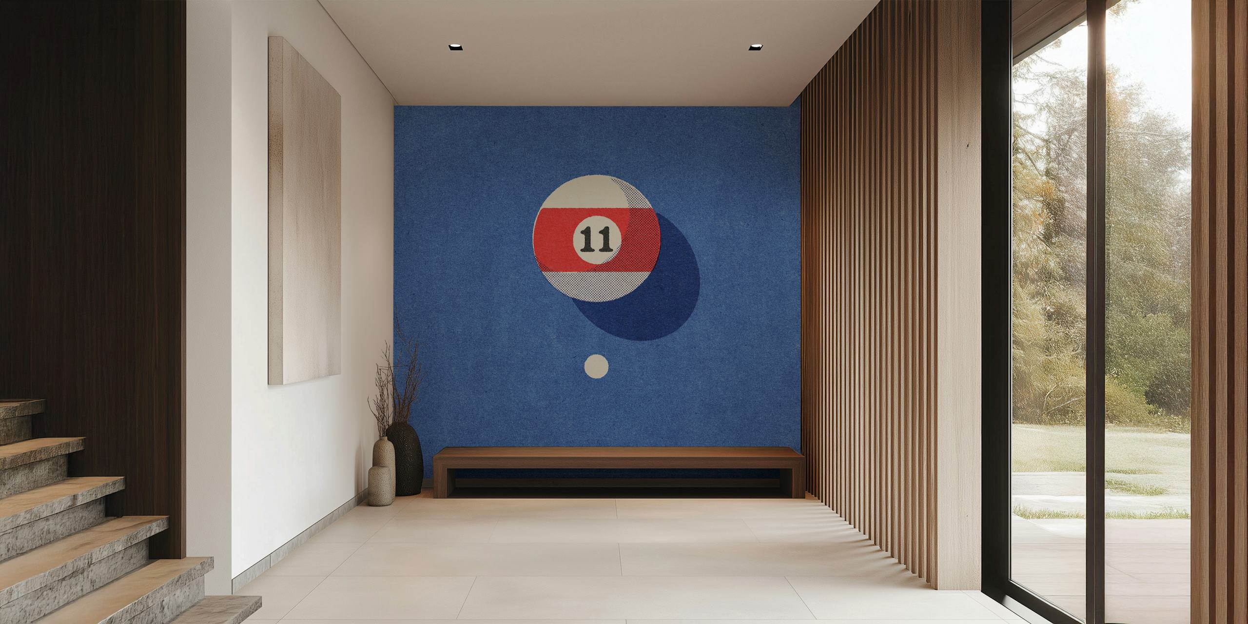 Billiard balls wall mural with prominent red-striped number 11 ball on a blue background