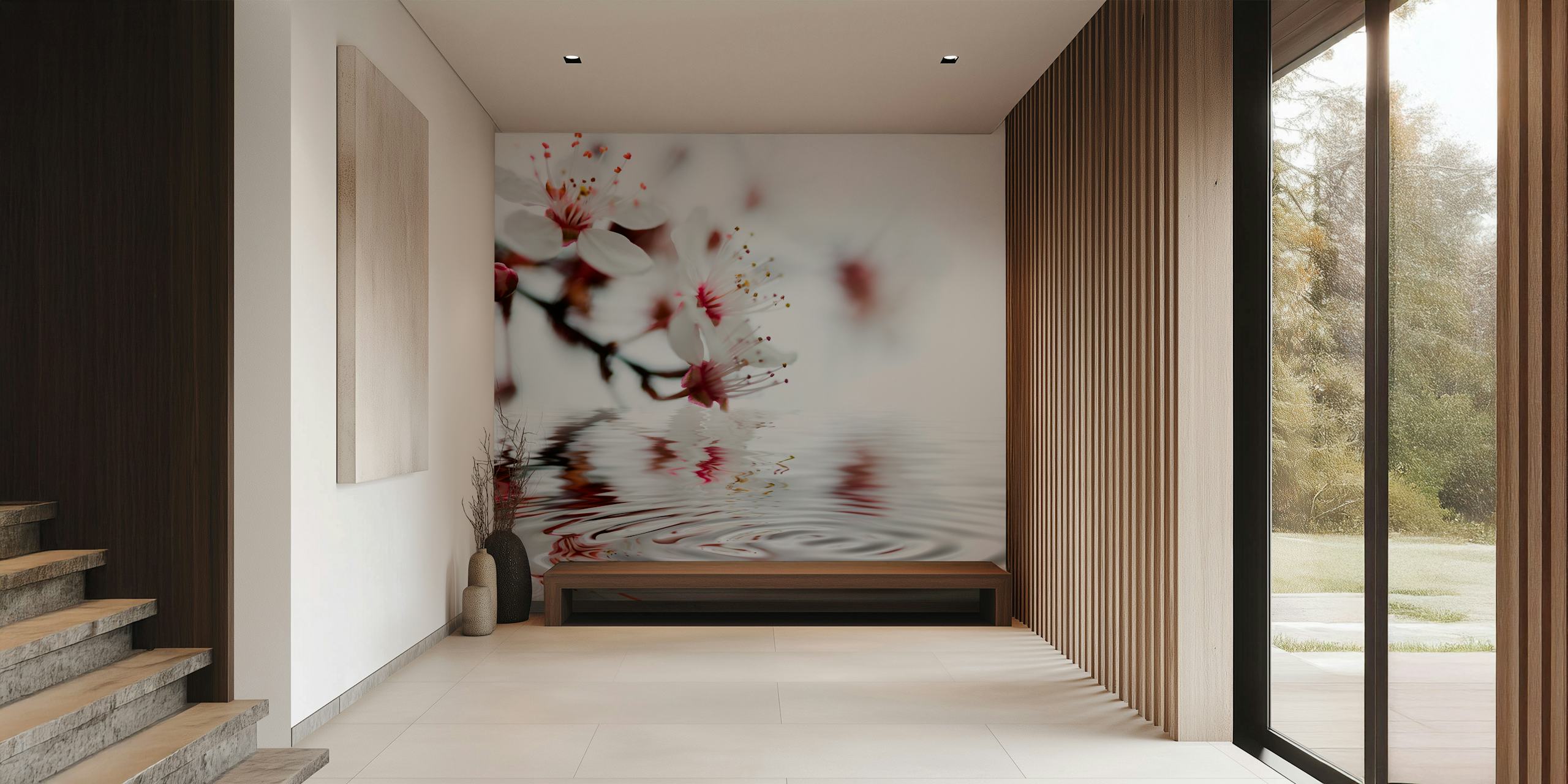 Cherry blossom branches with pink flowers and water reflection wallpaper