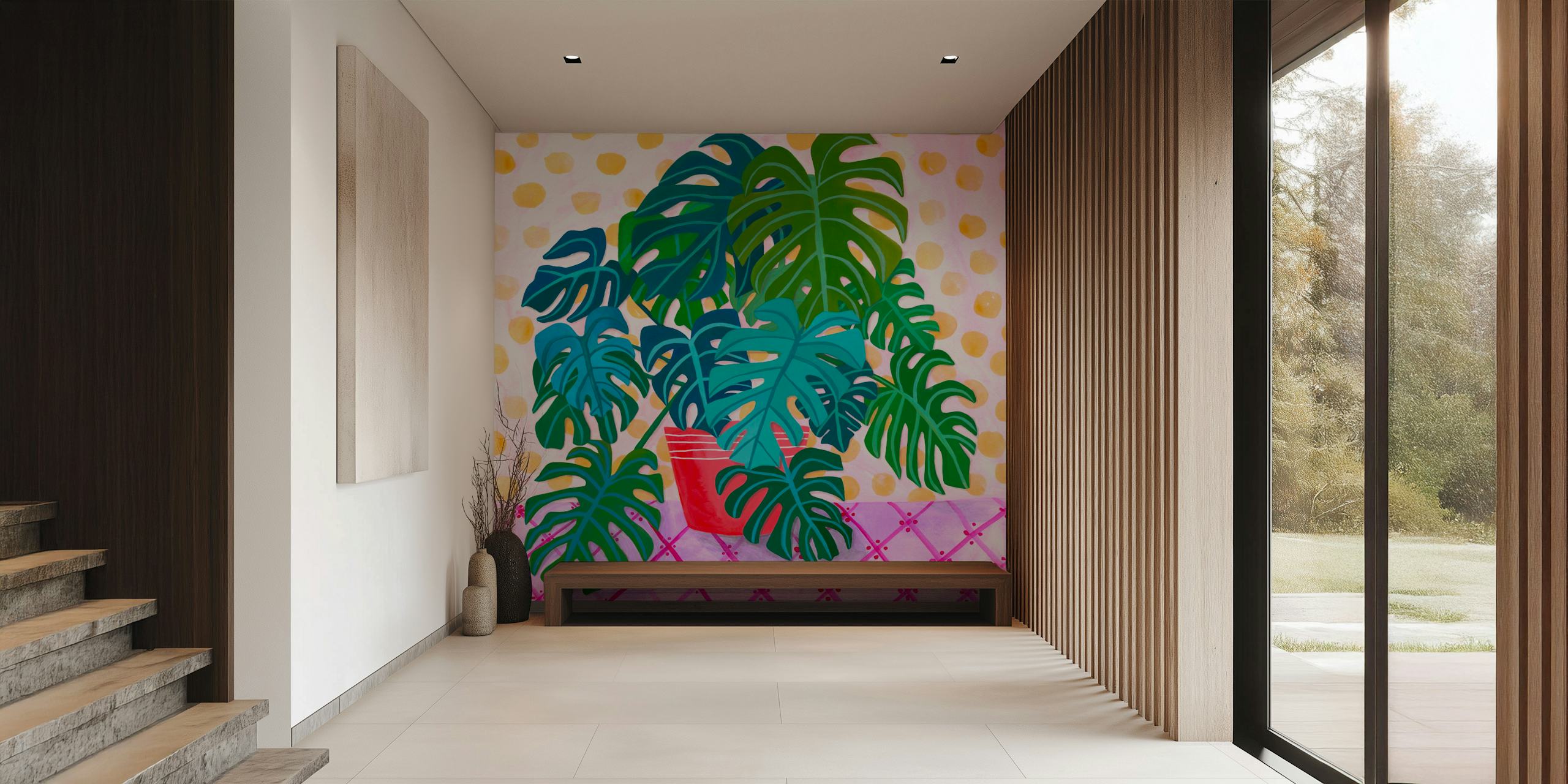Artistic monstera leaves in a painted style with a pink polka-dotted background for a wall mural.