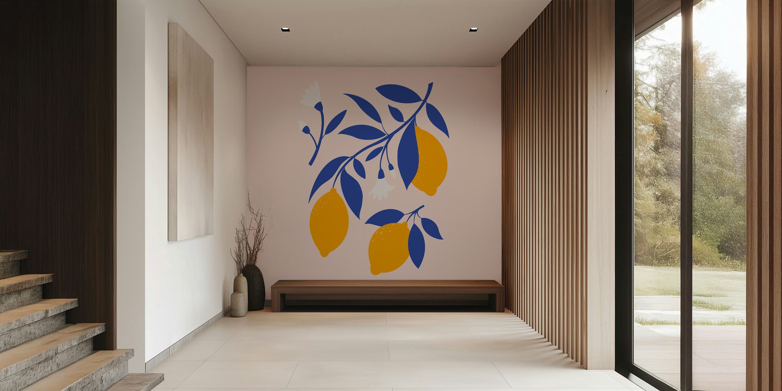 Yellow lemons and blue leaves on pink background wallpaper