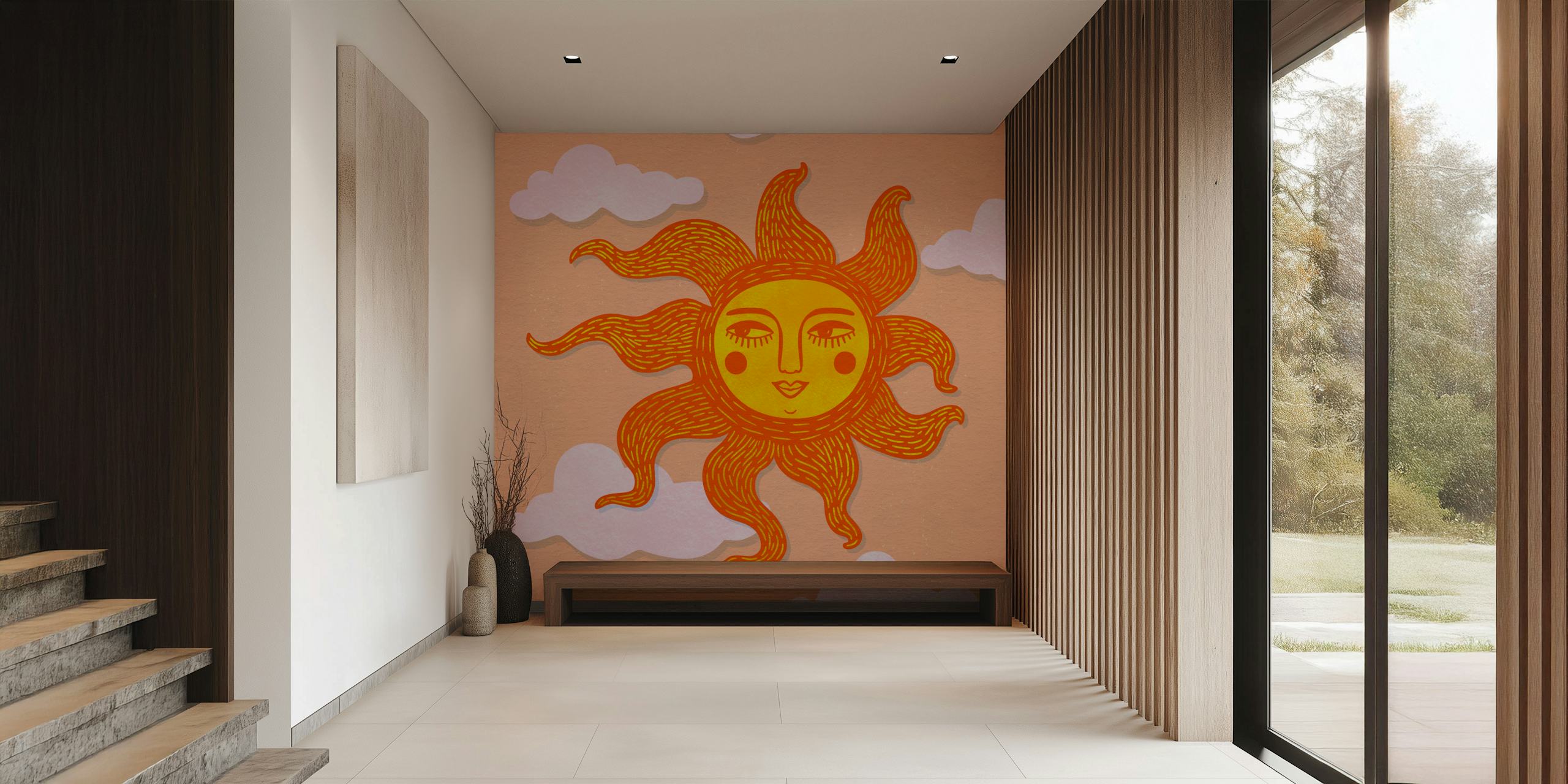 Happy sun illustration with orange rays and pink clouds wallpaper
