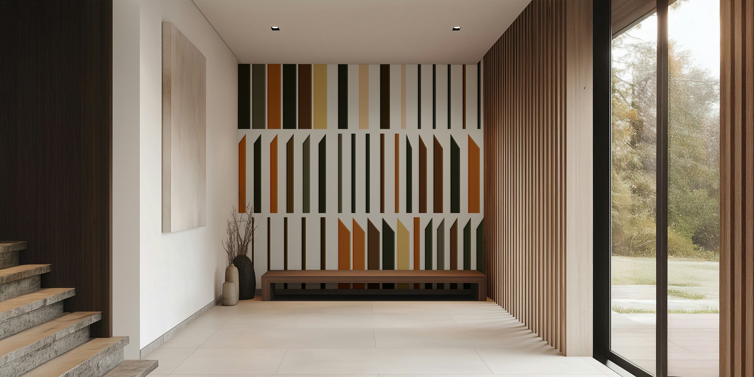 Vertical stripes in earthy colors: brown, black, cream wallpaper