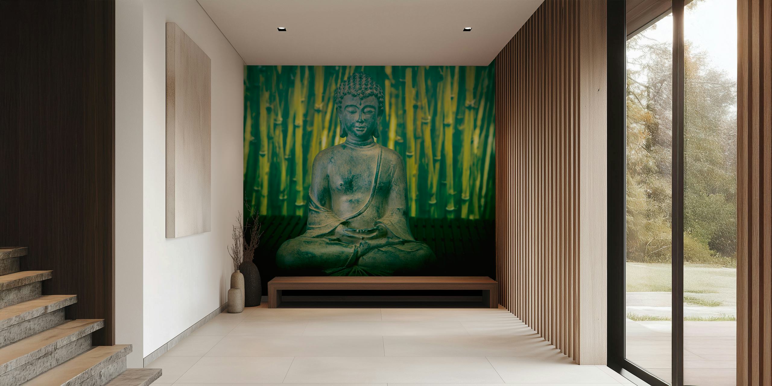 Buddha statue with green bamboo background wallpaper