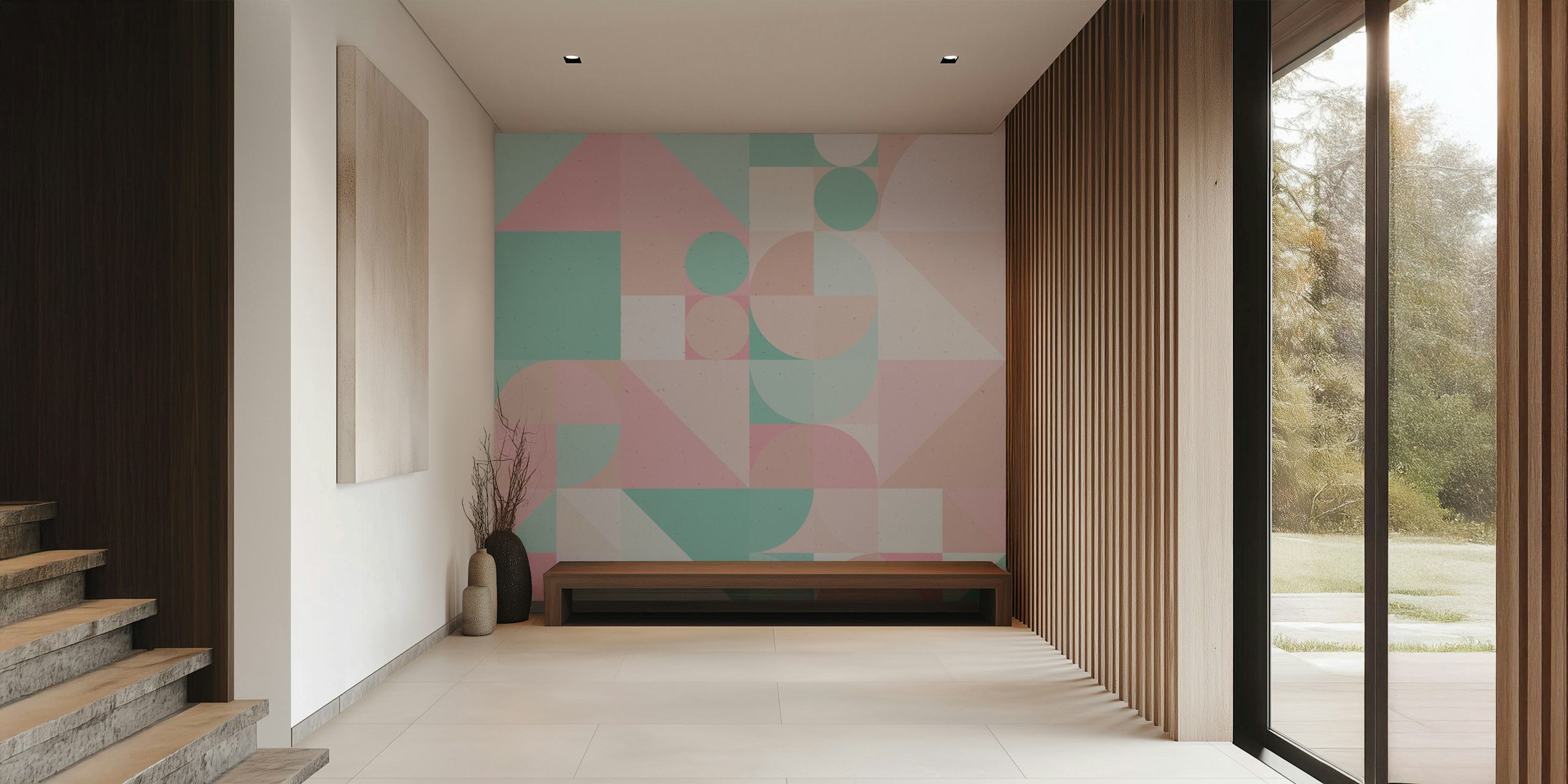Geometric shapes in pastel colors, soft pink and mint wallpaper