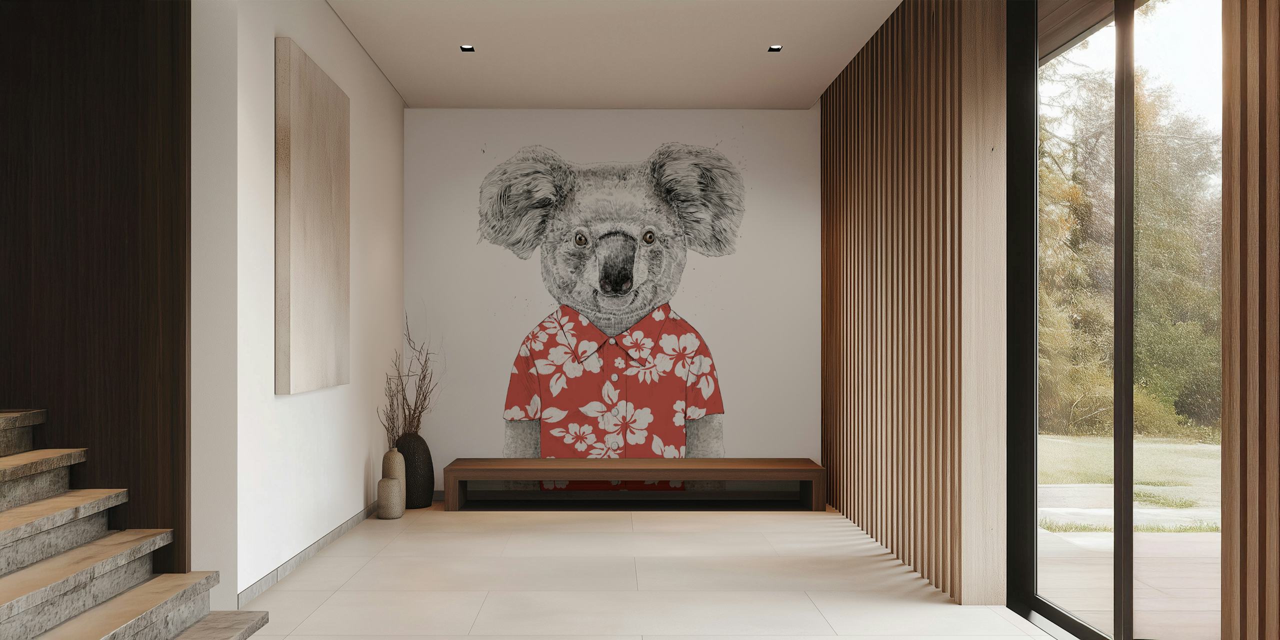 Koala in a floral shirt, gray colors, cartoon-style wallpaper