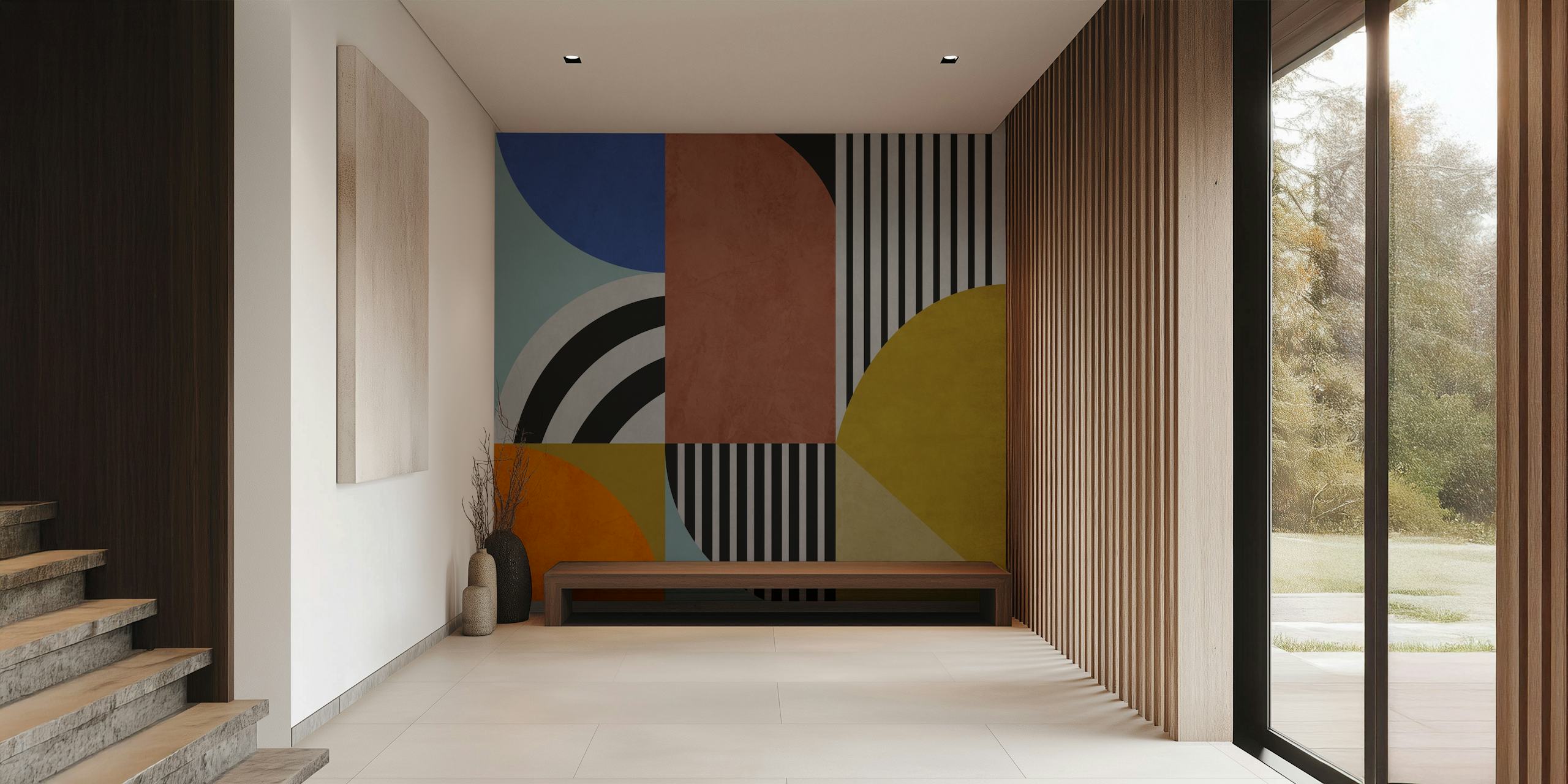 Colorful geometric shapes in bold colors: blue, yellow, black, and orange wallpaper