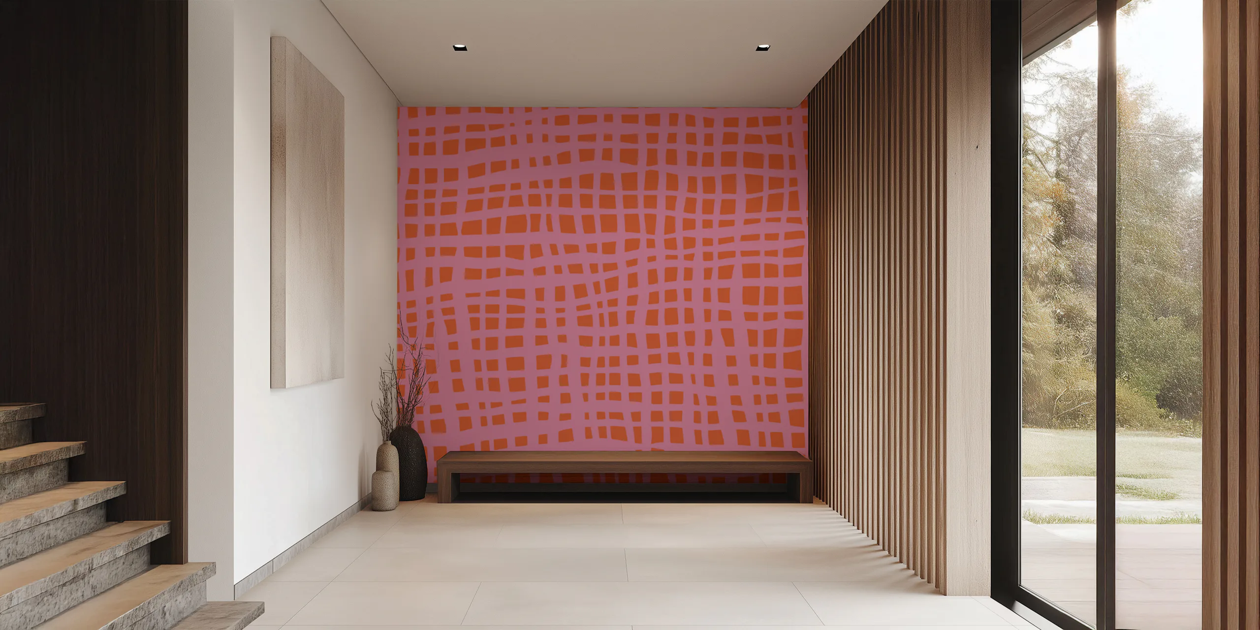 Retro Grid Pattern Orange Pink Wallpaper | Happywall