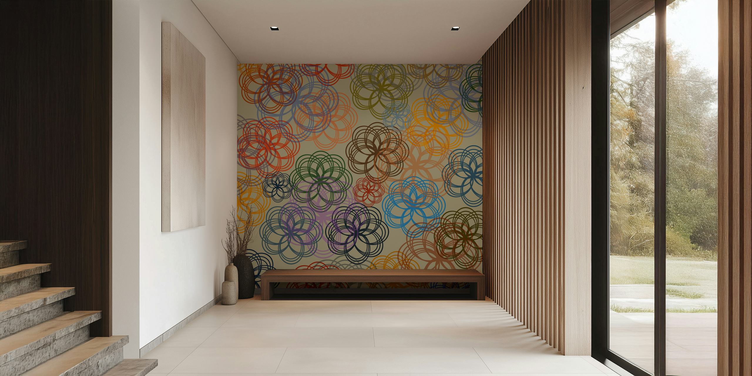Abstract geometric floral patterns wall mural in a pastel color scheme