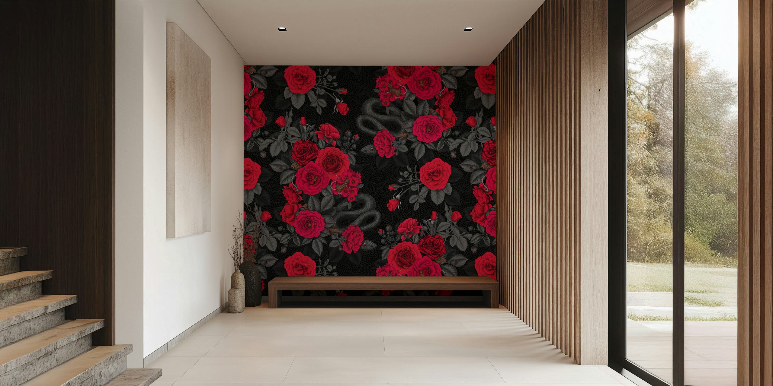 Black wallpaper featuring red roses and a snake design.