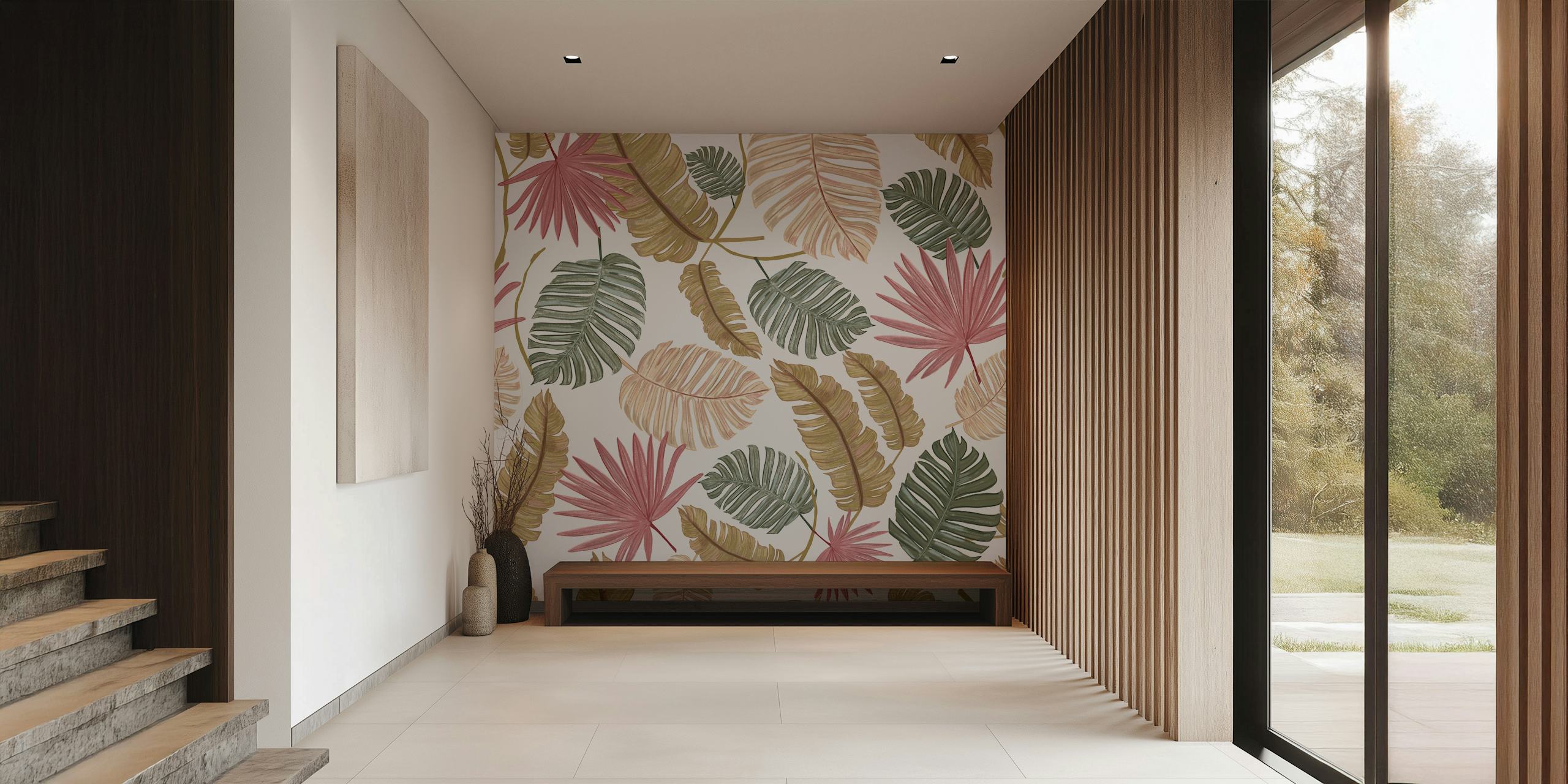 Nature inspired tropical leaves pattern on a white background wall mural
