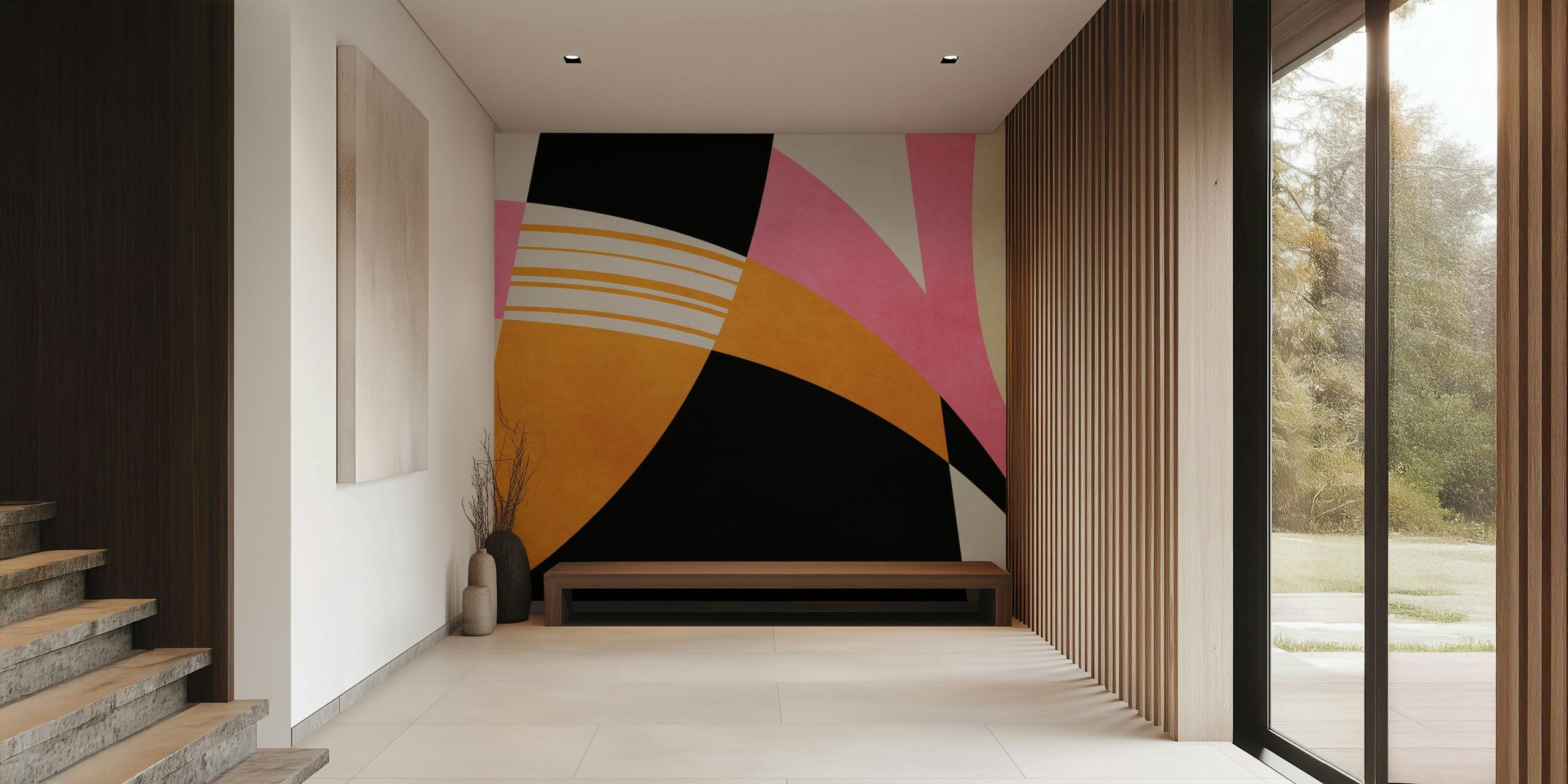 Colorful abstract shapes in black, pink, orange, and cream wallpaper