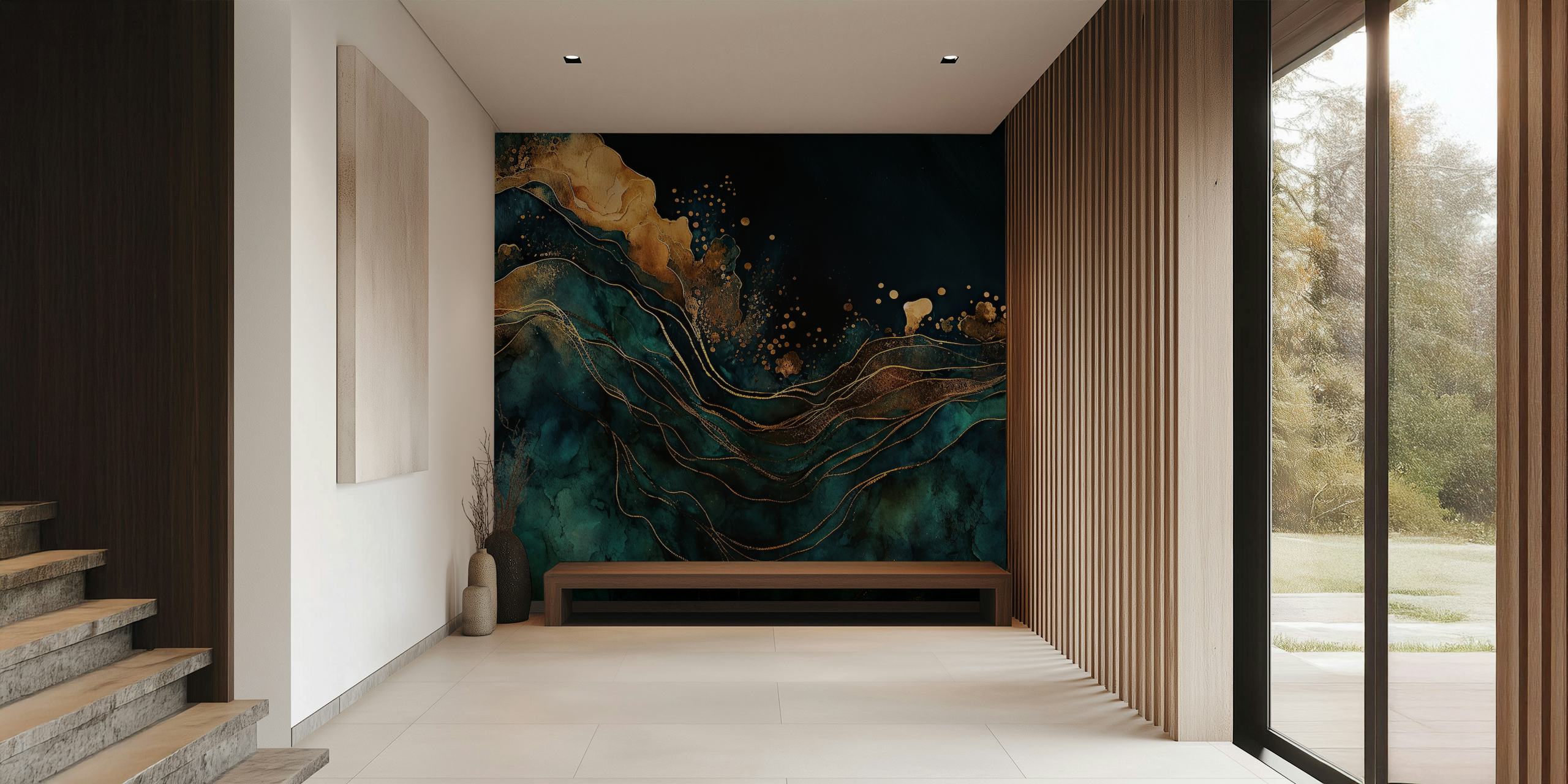 Teal and gold abstract ocean waves wallpaper