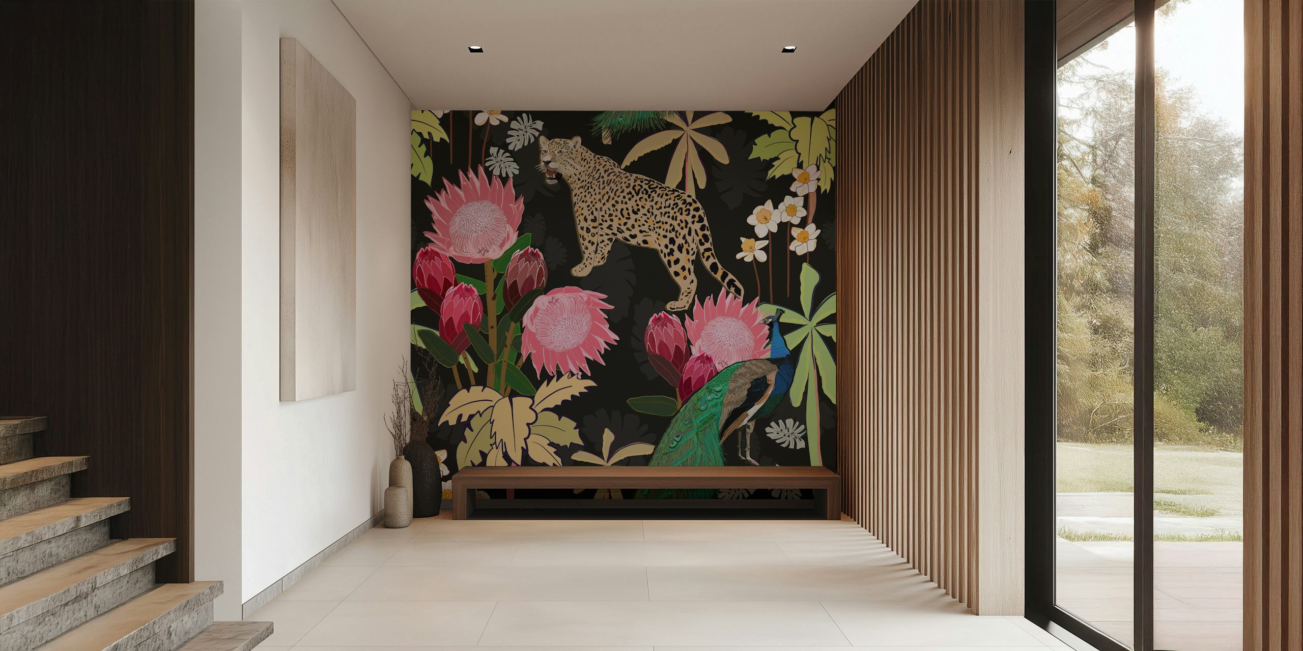 Tiger and peacock black wallpaper design
