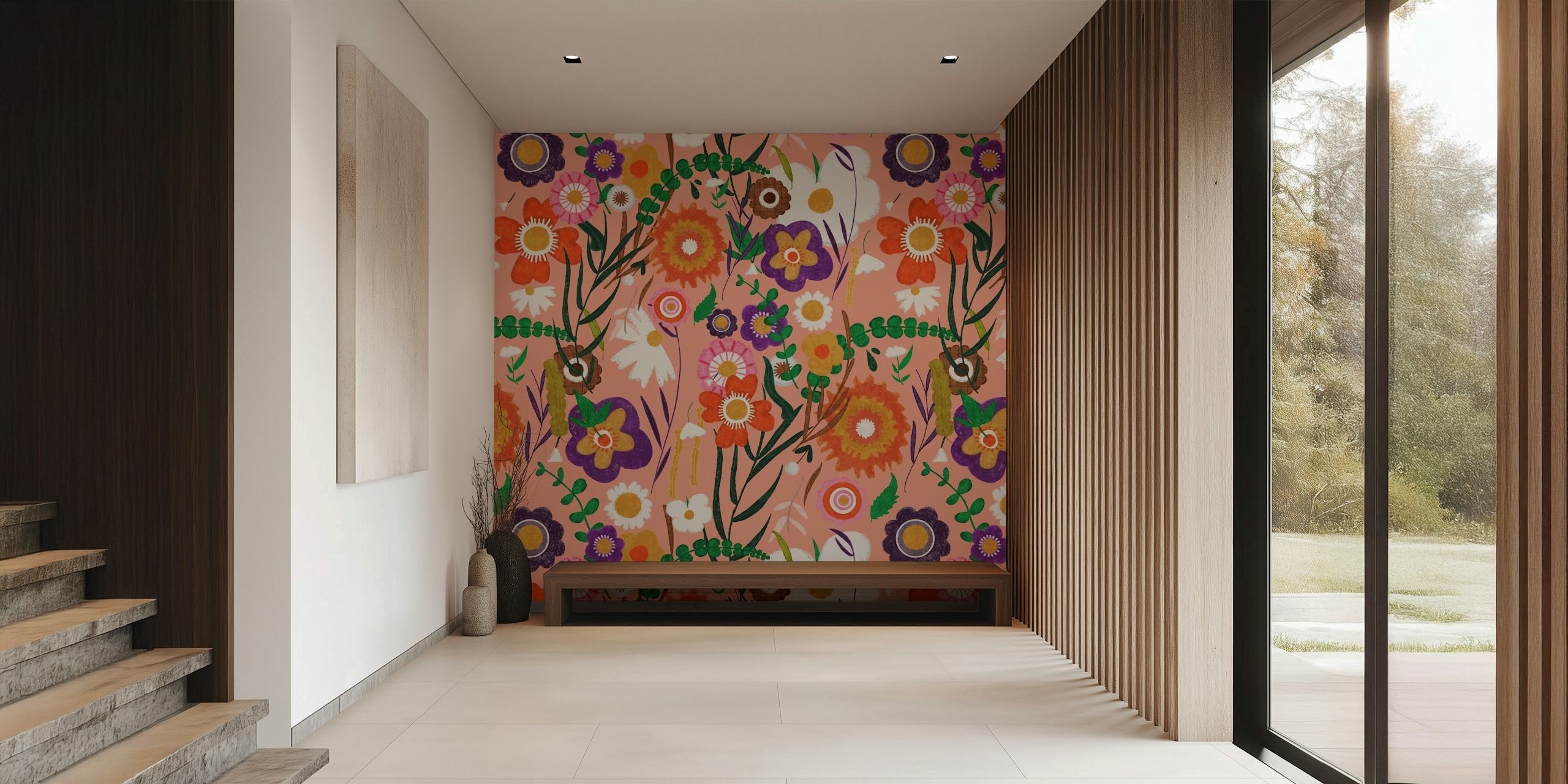 Folk spring floral pink σχέδιο ταπετσαρίας σε ένα δωμάτιο