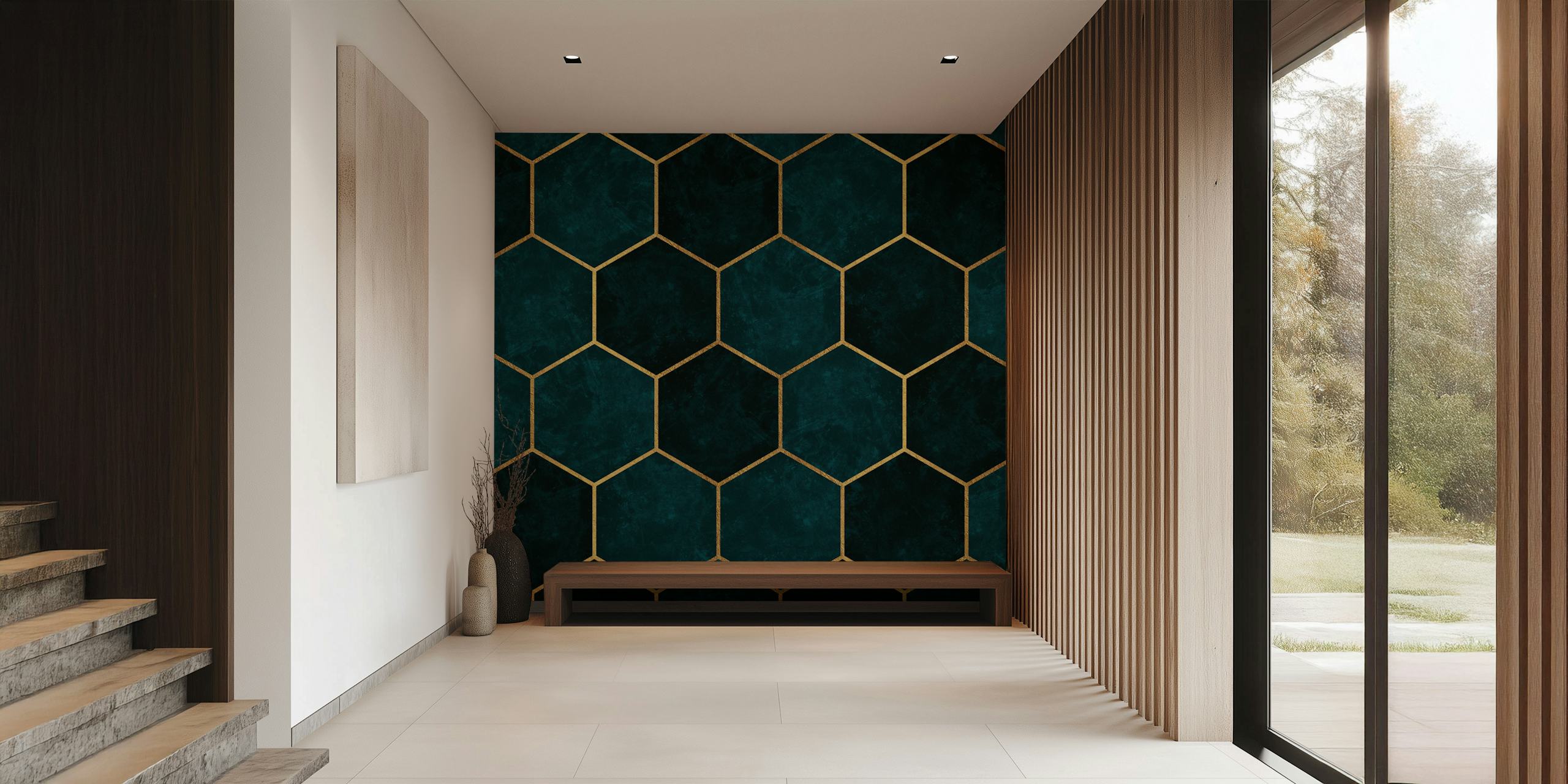 Dark Teal Hexagons Pattern Tapete in einem Raum