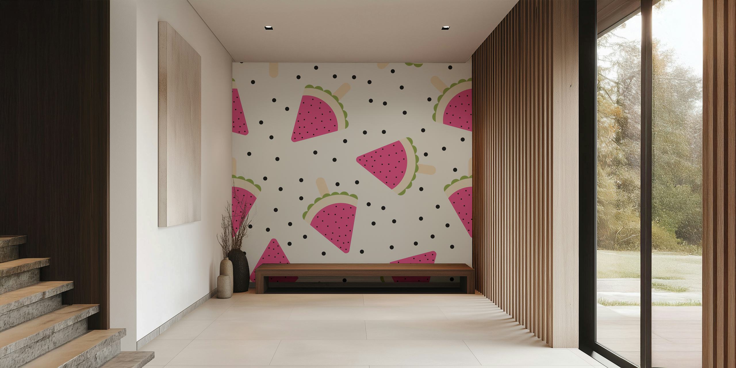 Pink watermelon popsicles on a cream background with black dots wallpaper