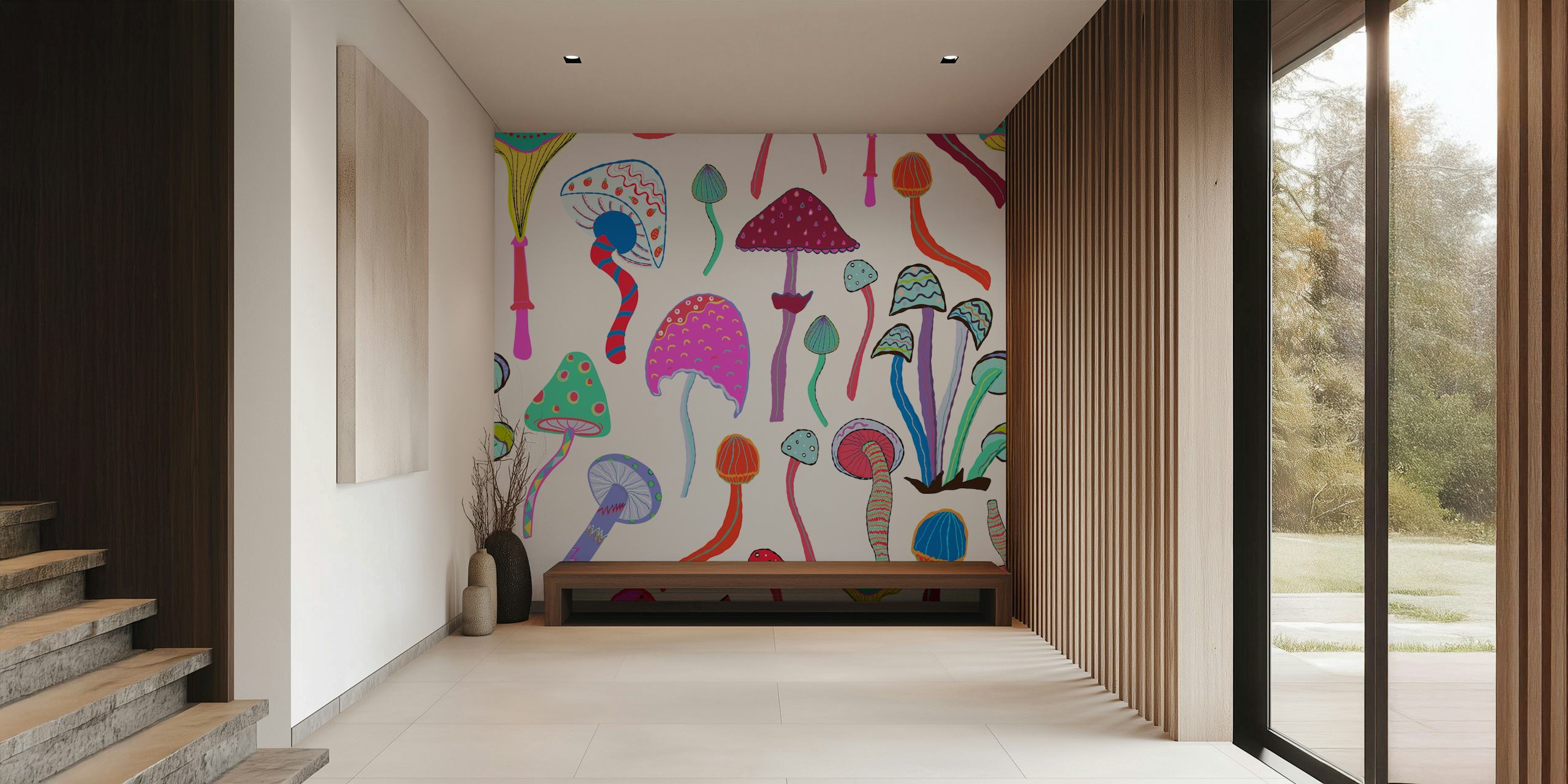 Colorful mushrooms in various shapes and sizes on white background wallpaper