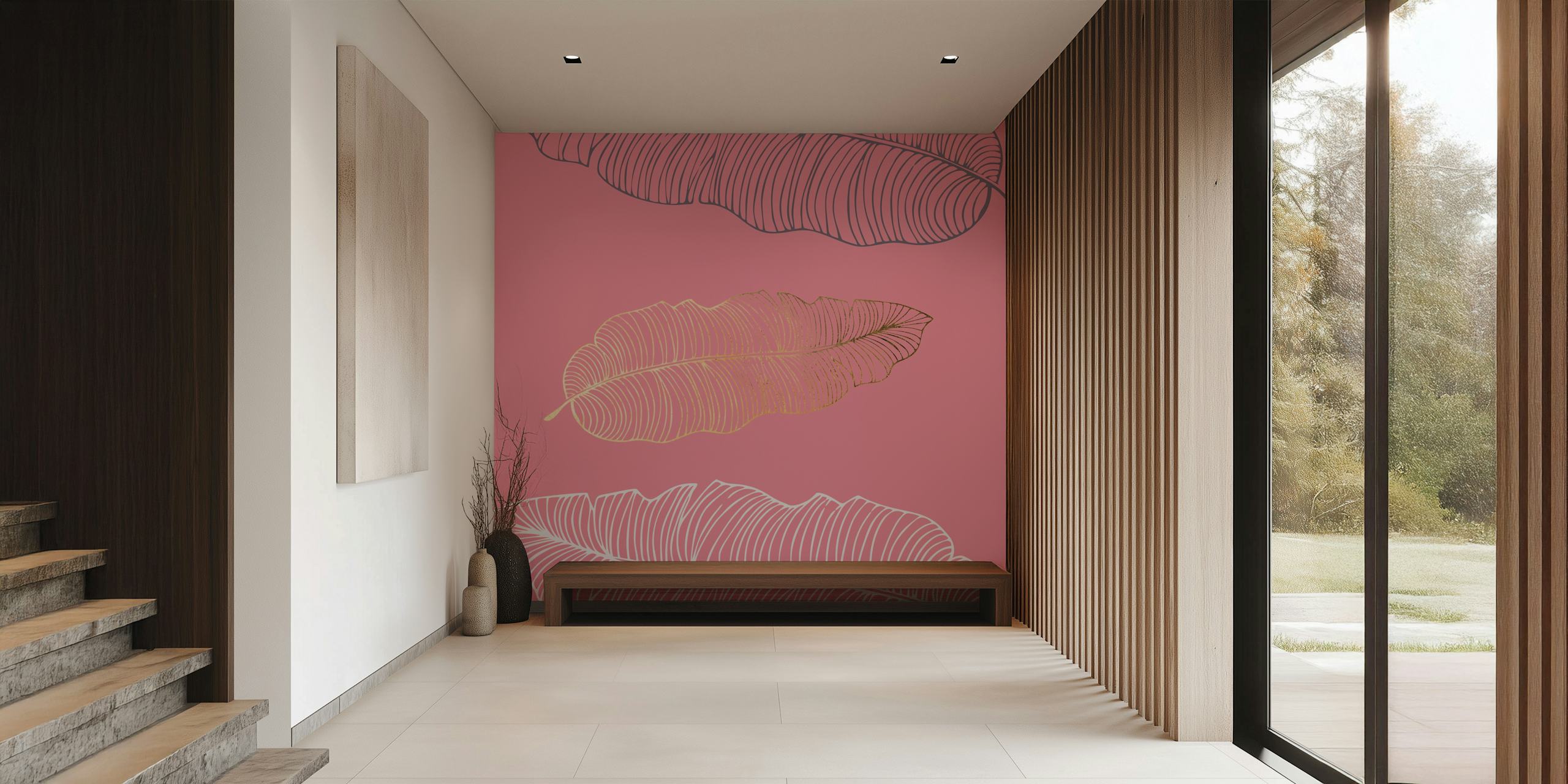 Design elegante de folha de palmeira rosa em um fundo rosa sutil para mural de parede