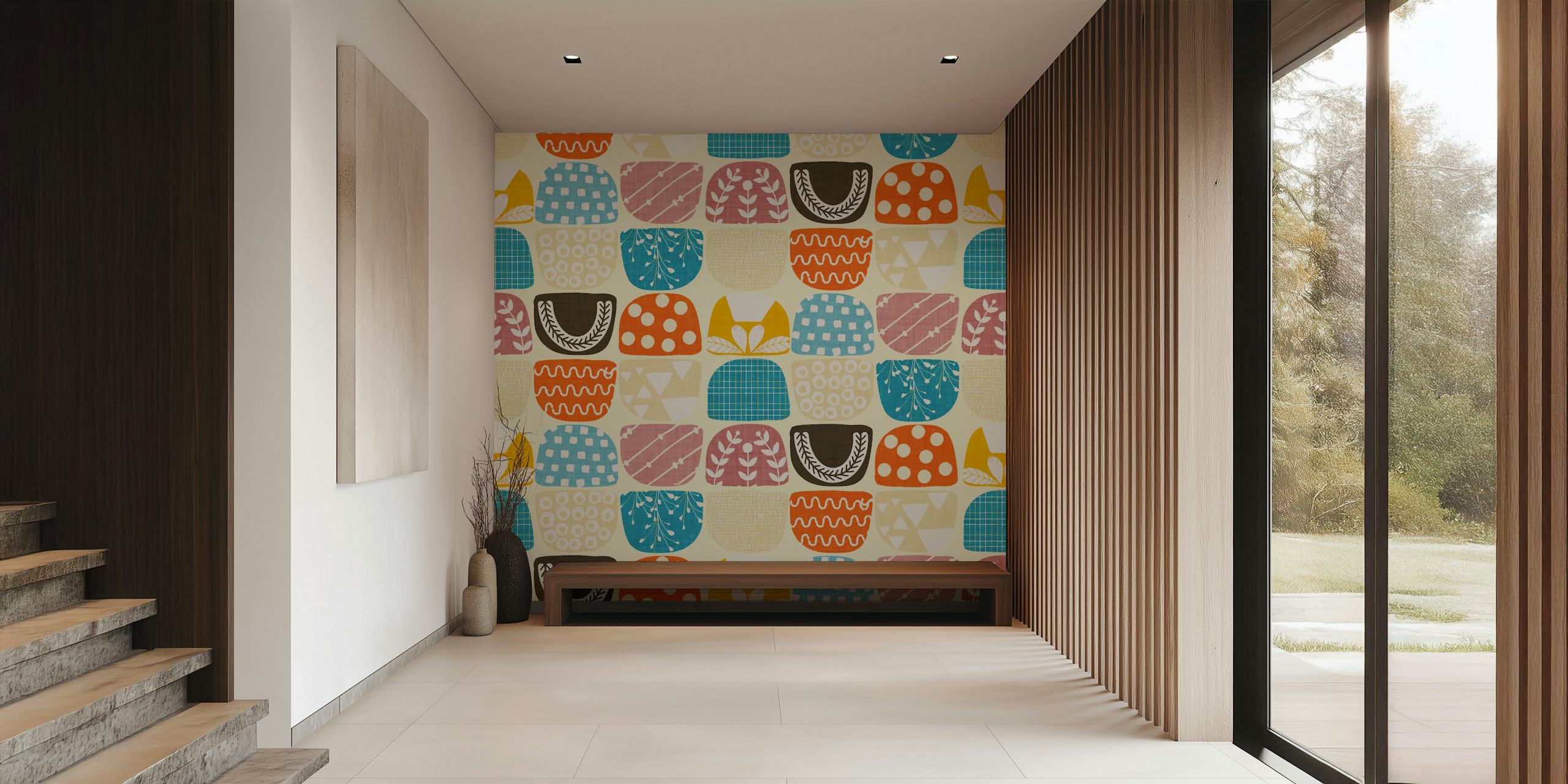 Colorful geometric patterns in blue, orange, pink, and beige wallpaper