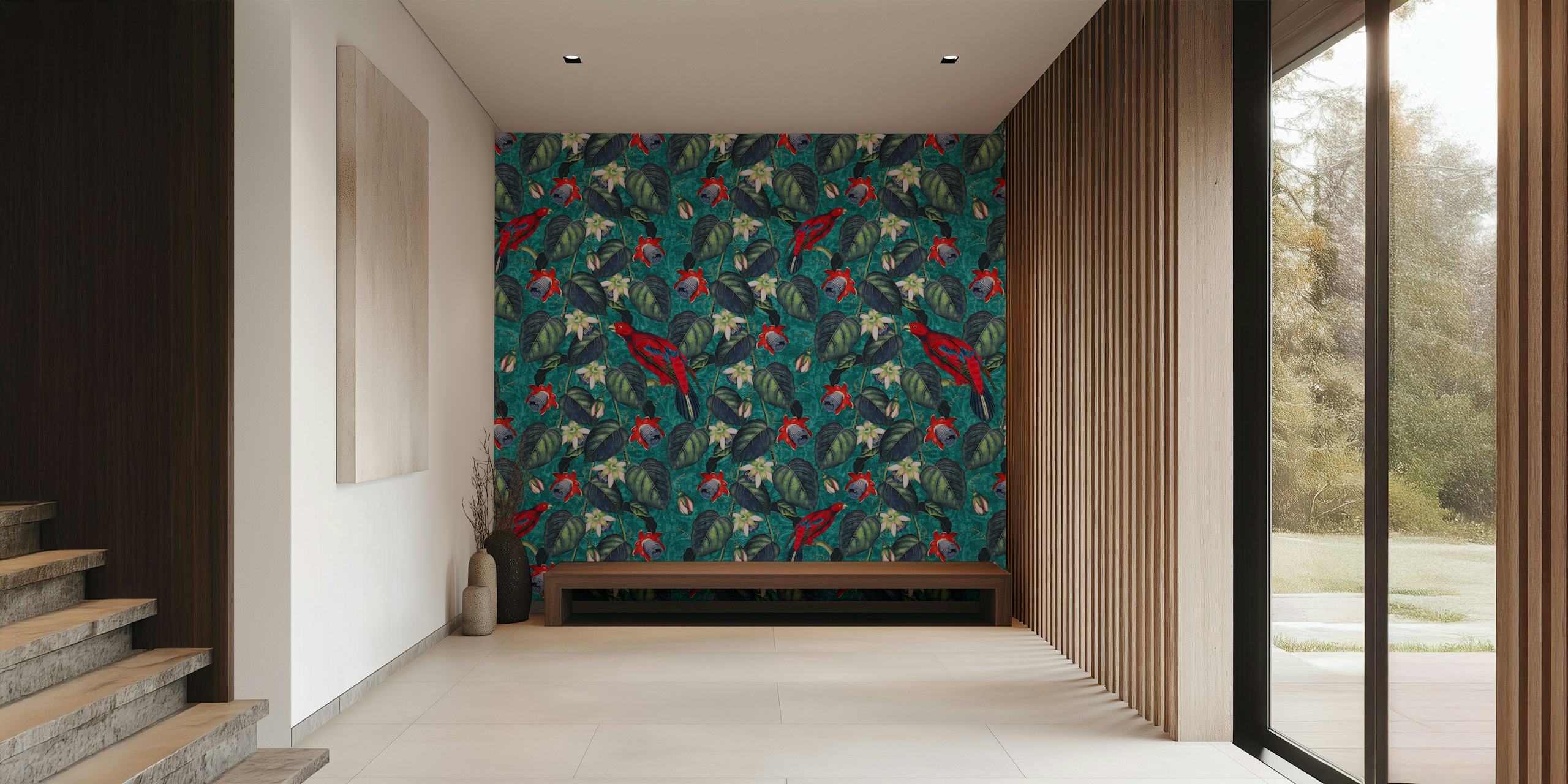 Paradise in Teal Red Green wallpaper design