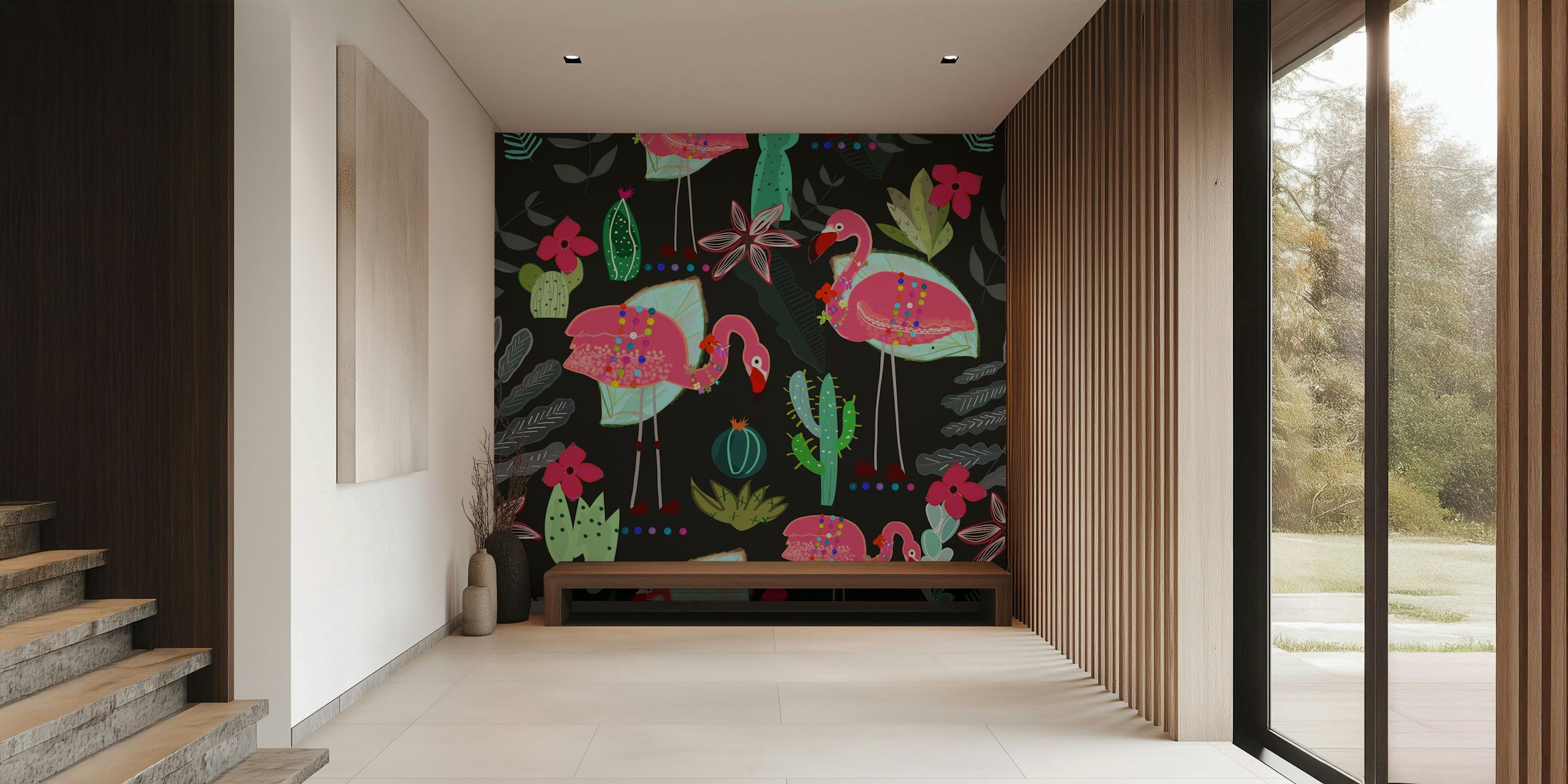 Pink flamingos and green cacti on a dark background wallpaper