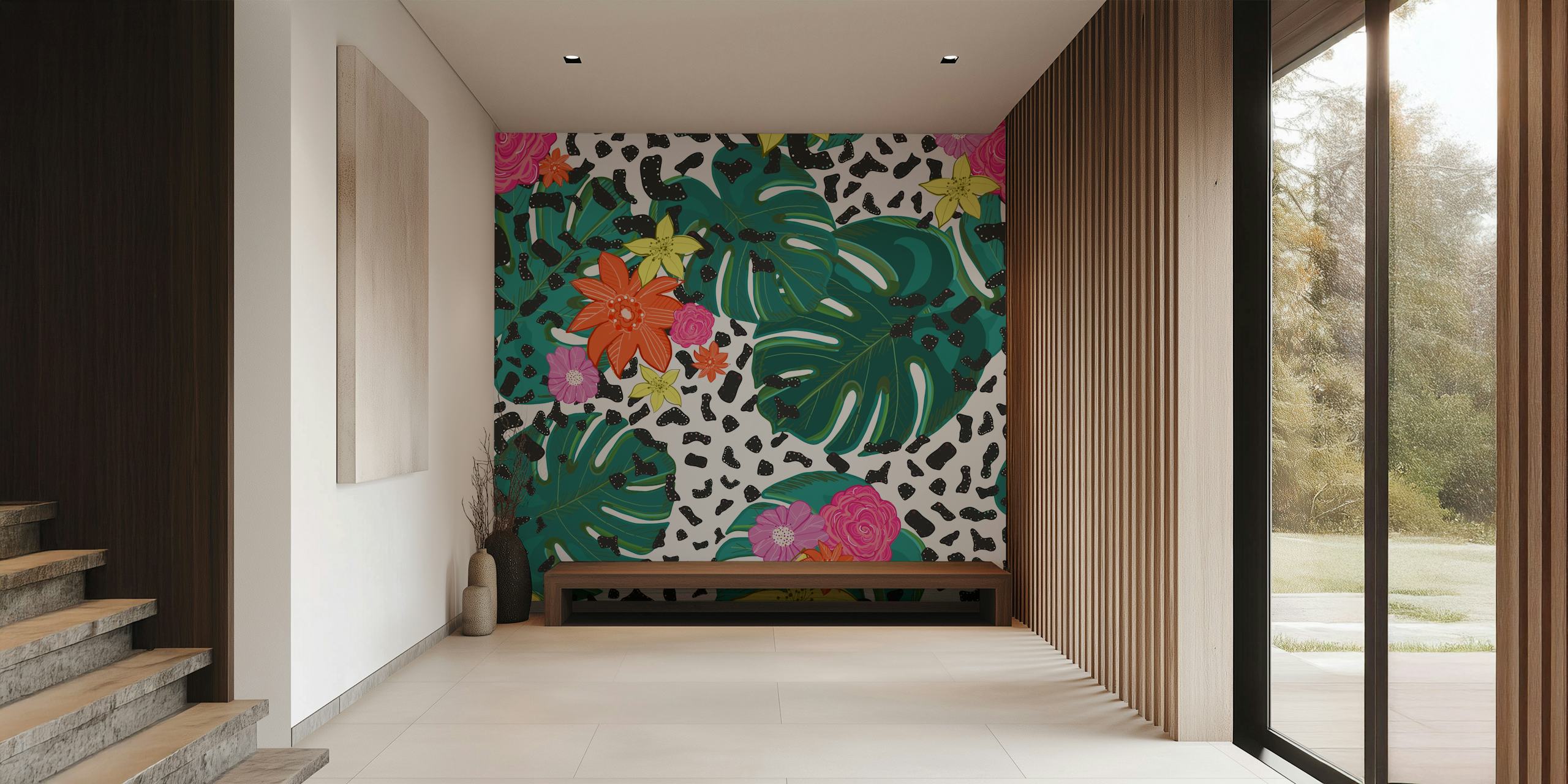Tropical floral wallpaper with hibiscus and palm leaves, black leopard print, bright colors