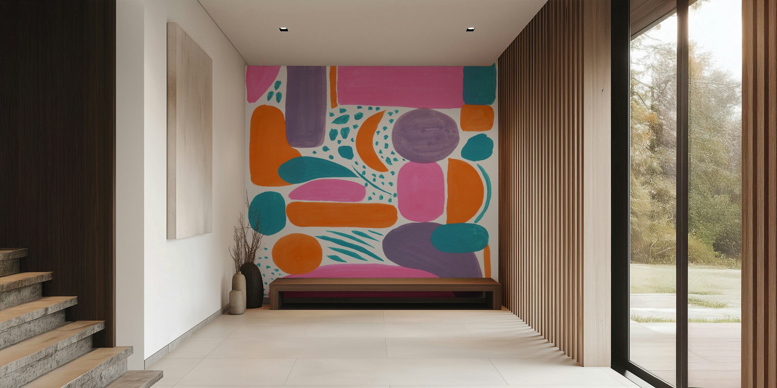 Colorful abstract shapes in pink, orange, and teal wallpaper