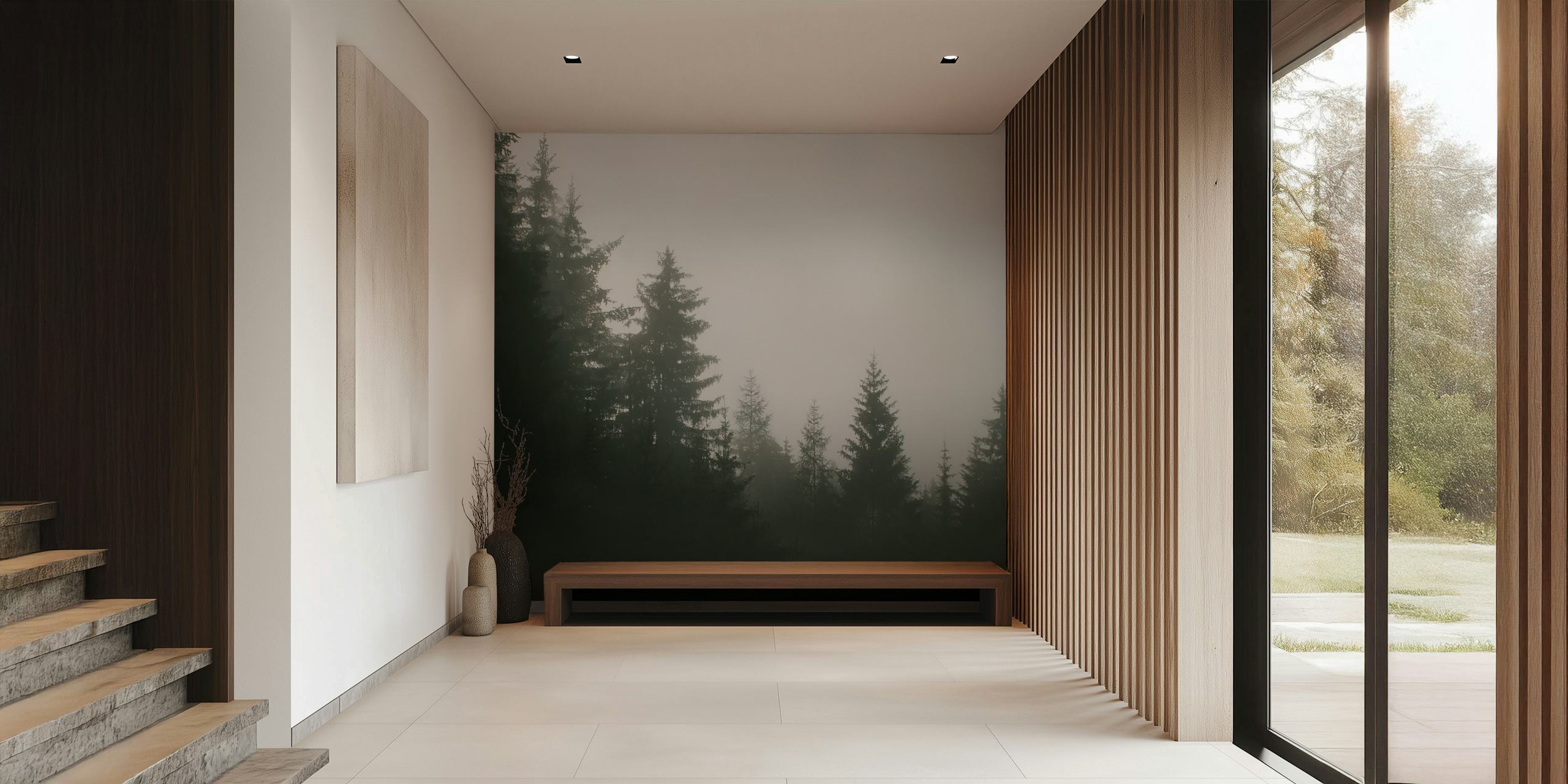Dark fog enshrouded forest wall mural with tree silhouettes