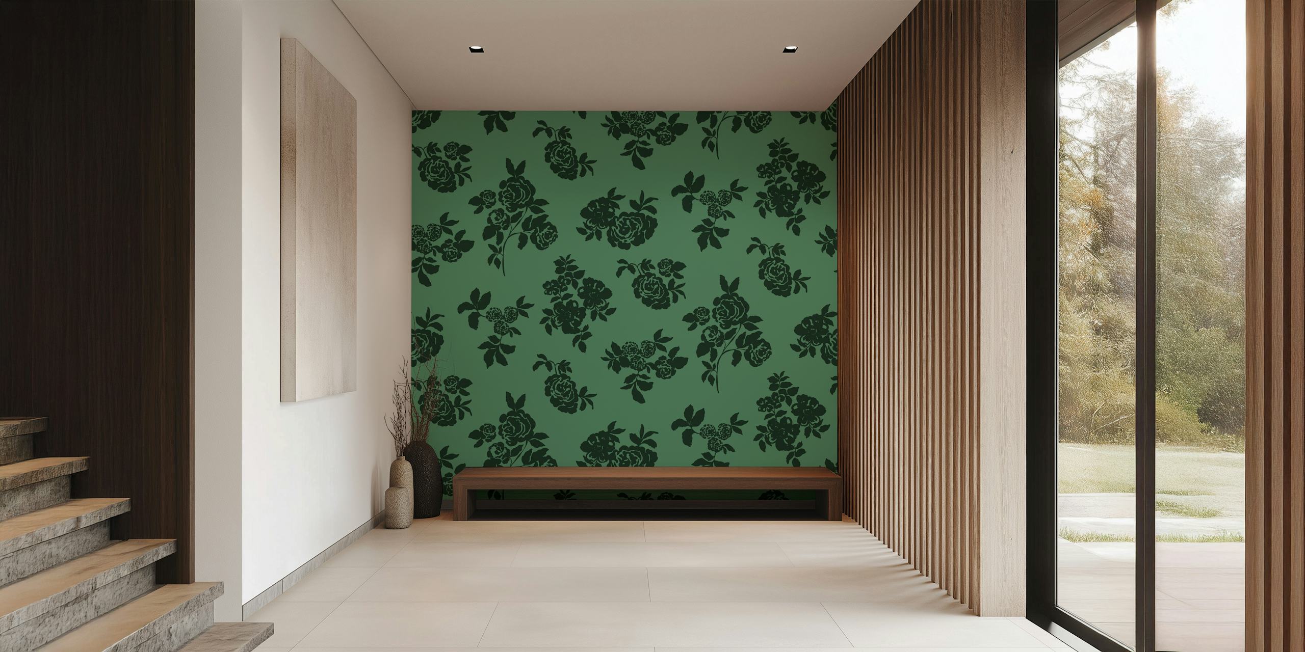 Vintage green floral wallpaper with dark flowers and leaves