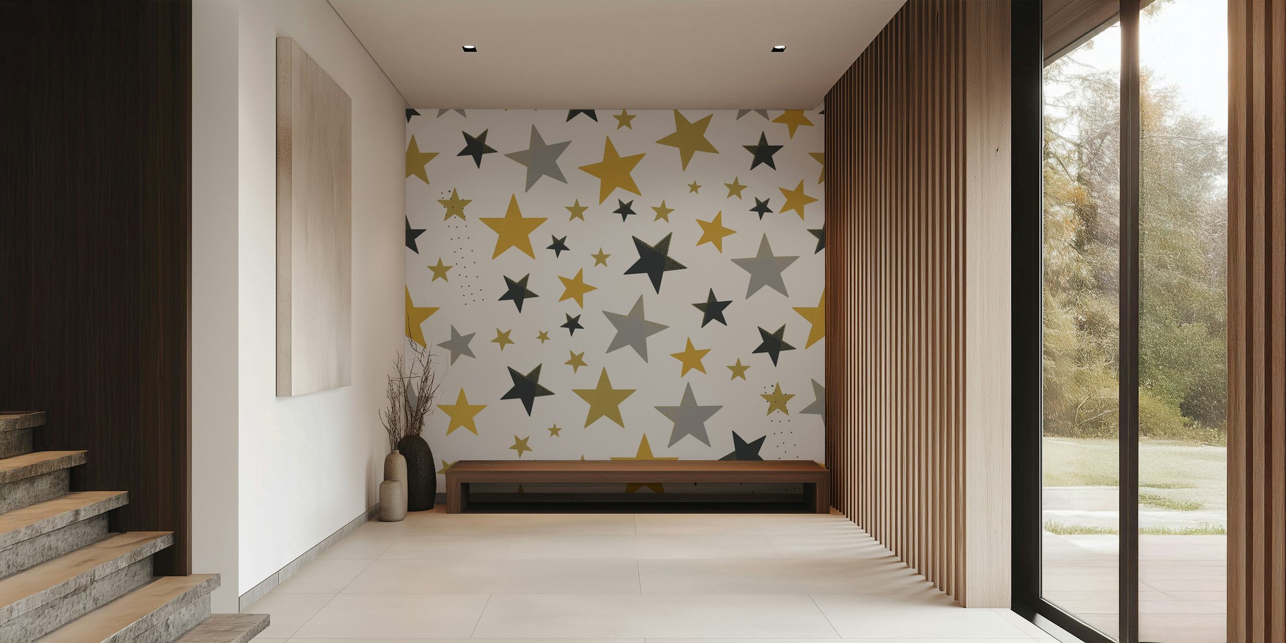 Shining golden and silver star wallpaper in a room