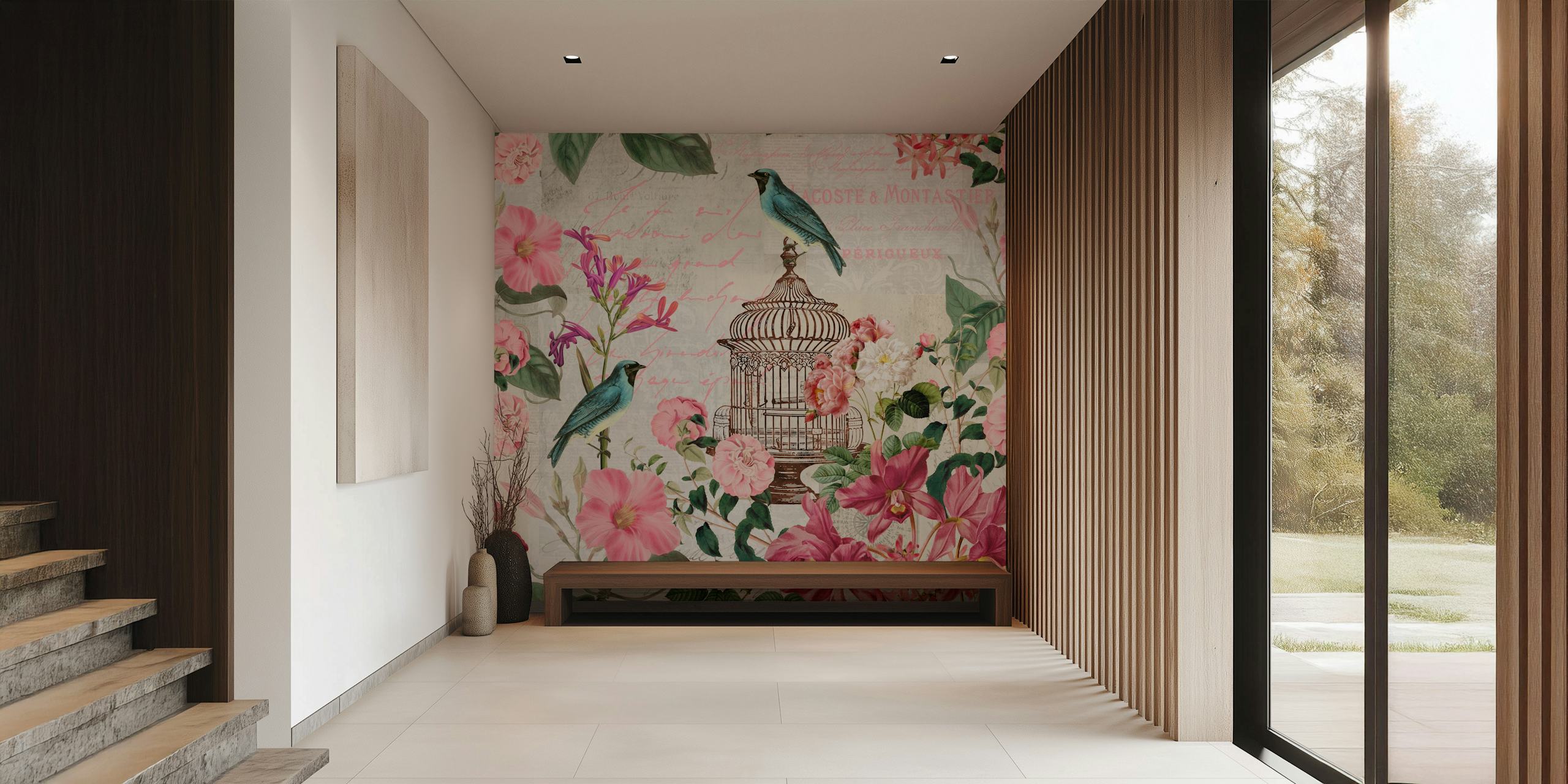 Birds and flowers vintage art wallpaper in a room