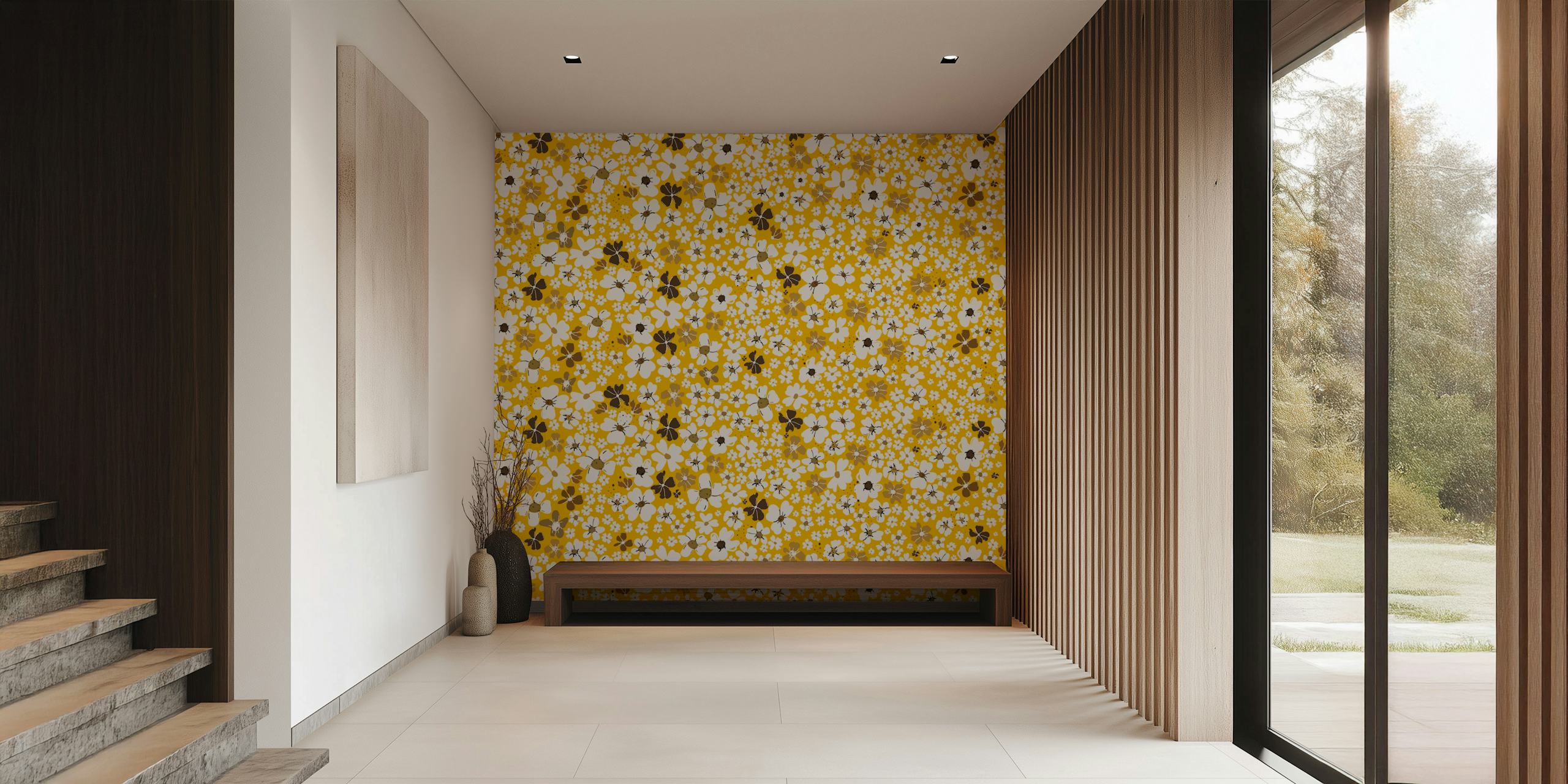 Yellow floral wallpaper design in a room