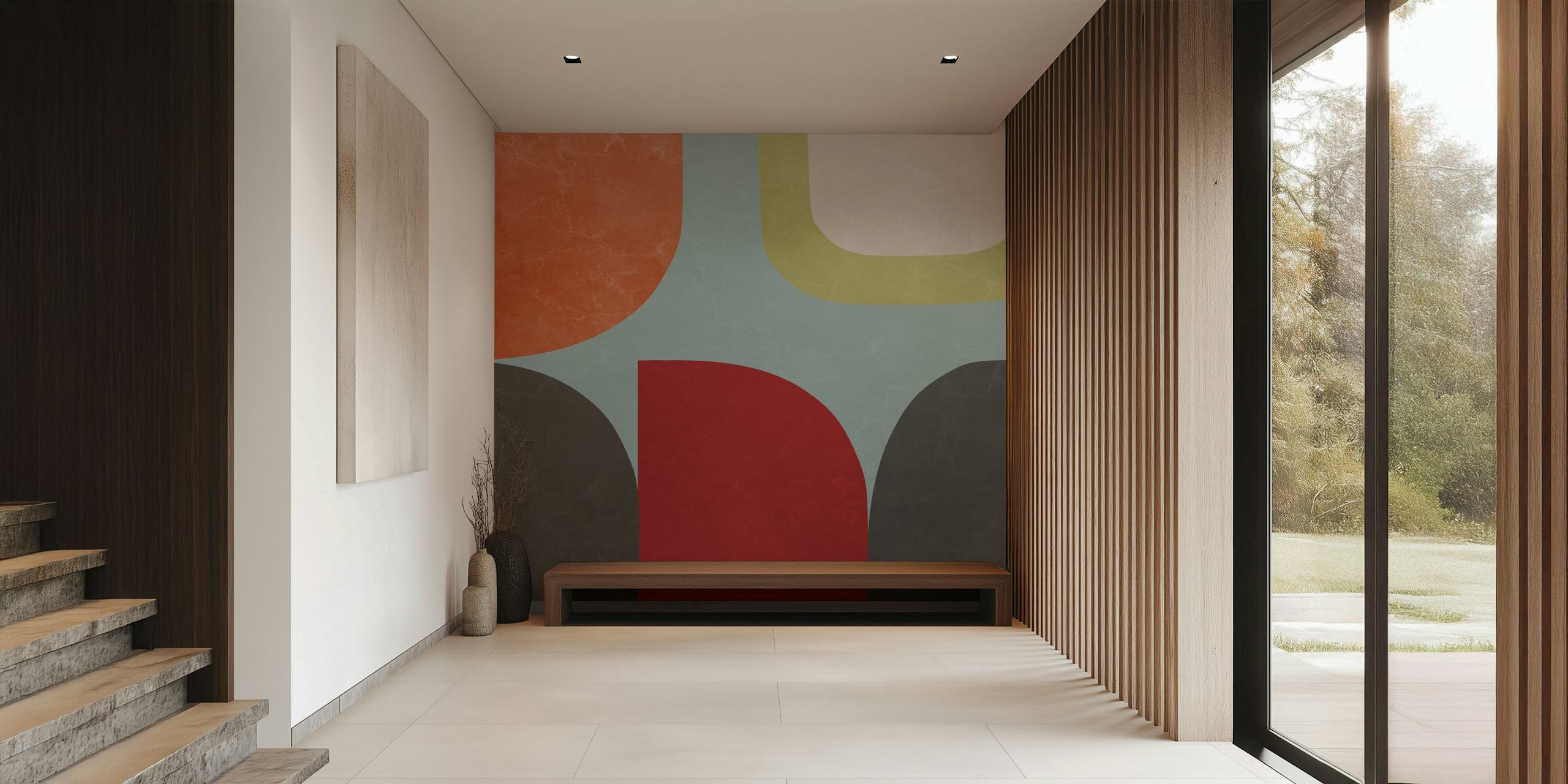 Mural de parede minimalista chique abstrato com formas geométricas em terracota, azul, amarelo e cinza