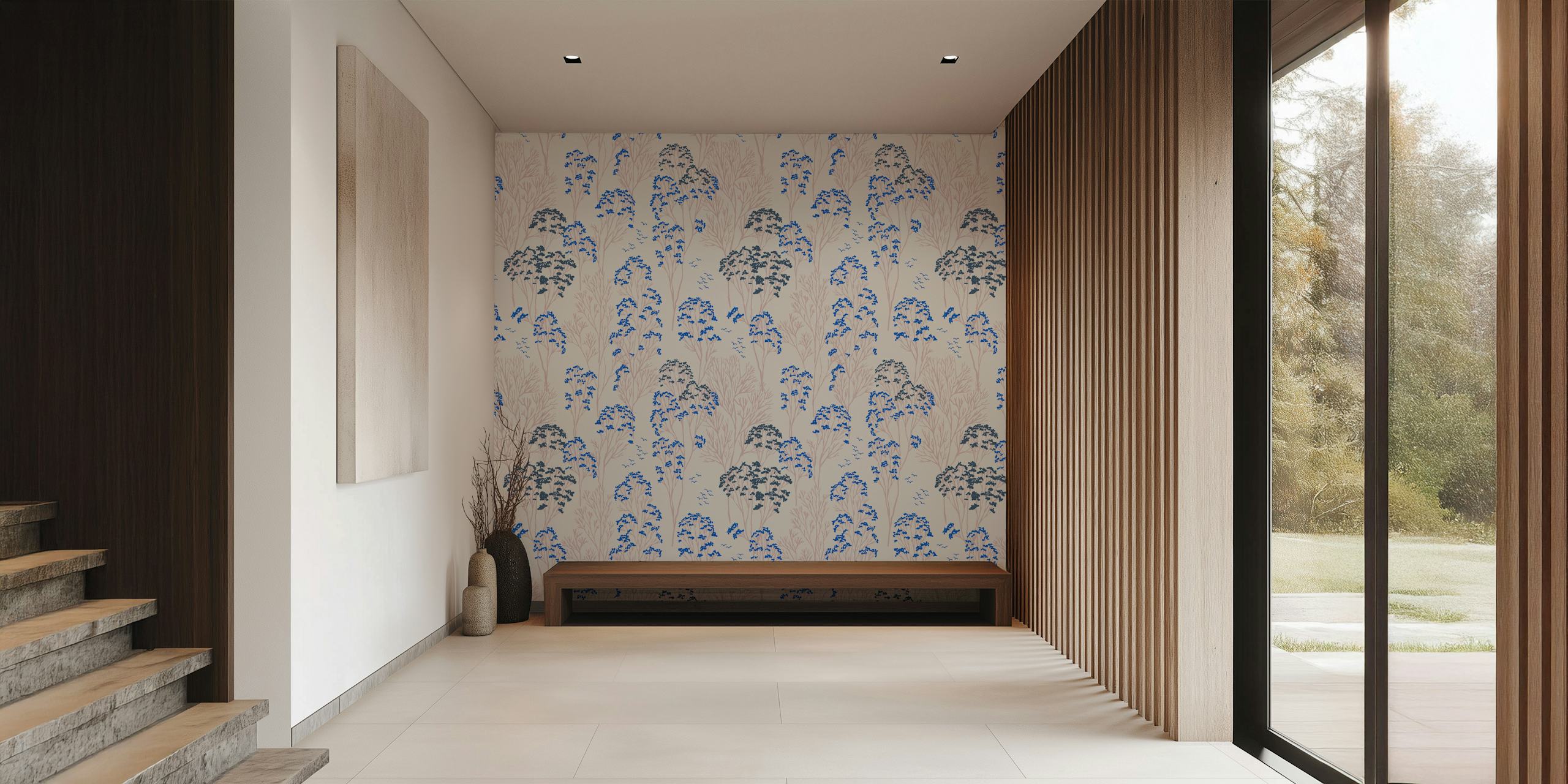 Blue floral pattern with calm trees on light background wallpaper