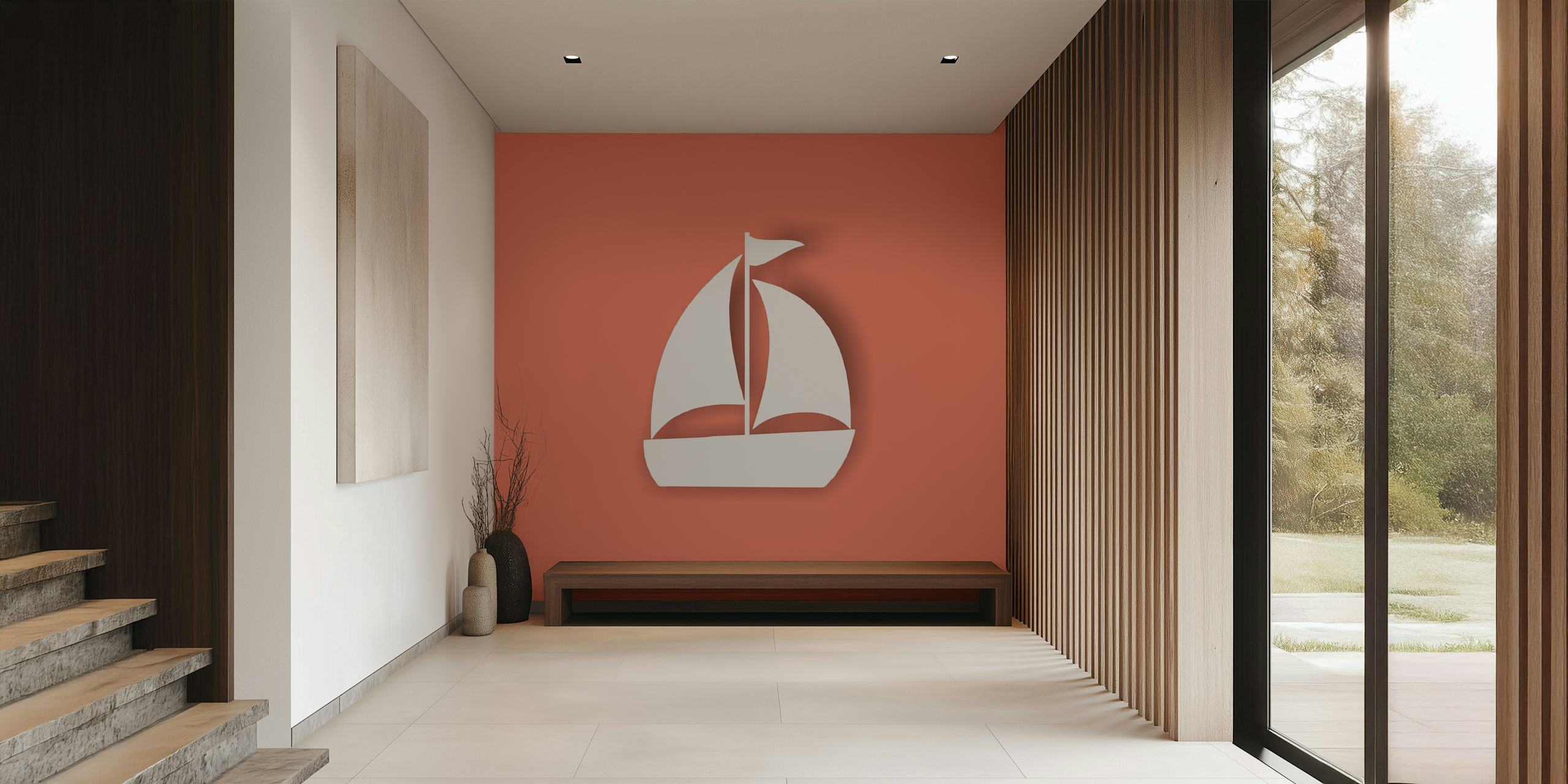 White sailing boat on coral background wallpaper