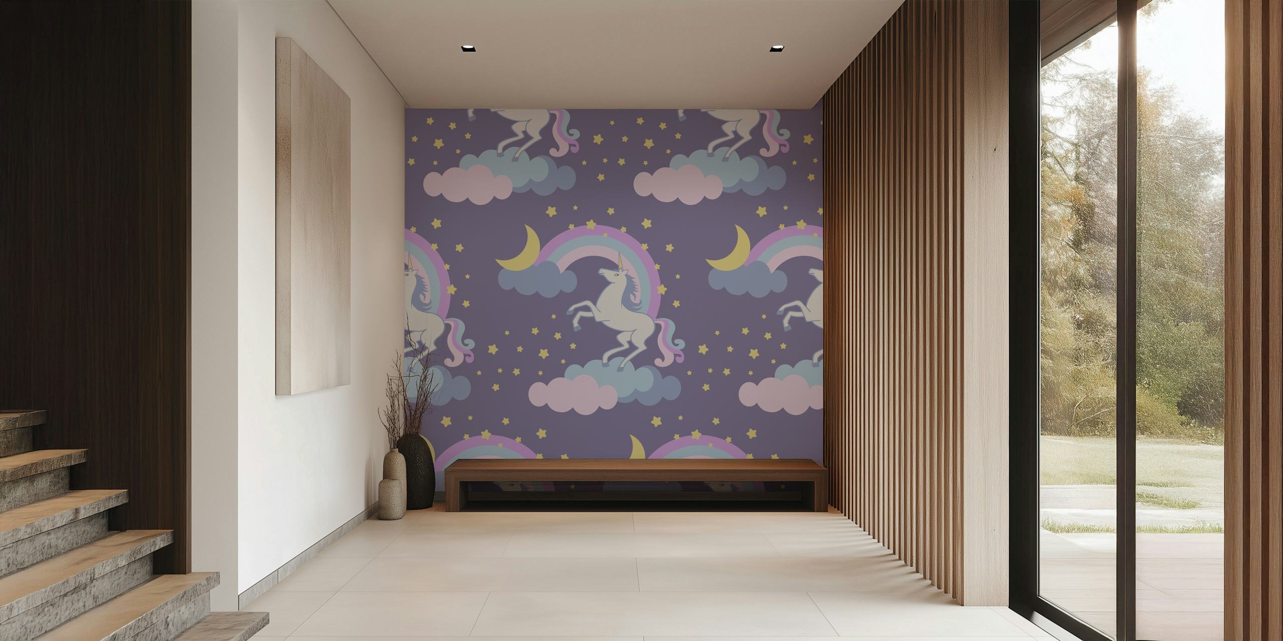 Fotomural Unicornios y nubes sobre lavanda Magic Dreams