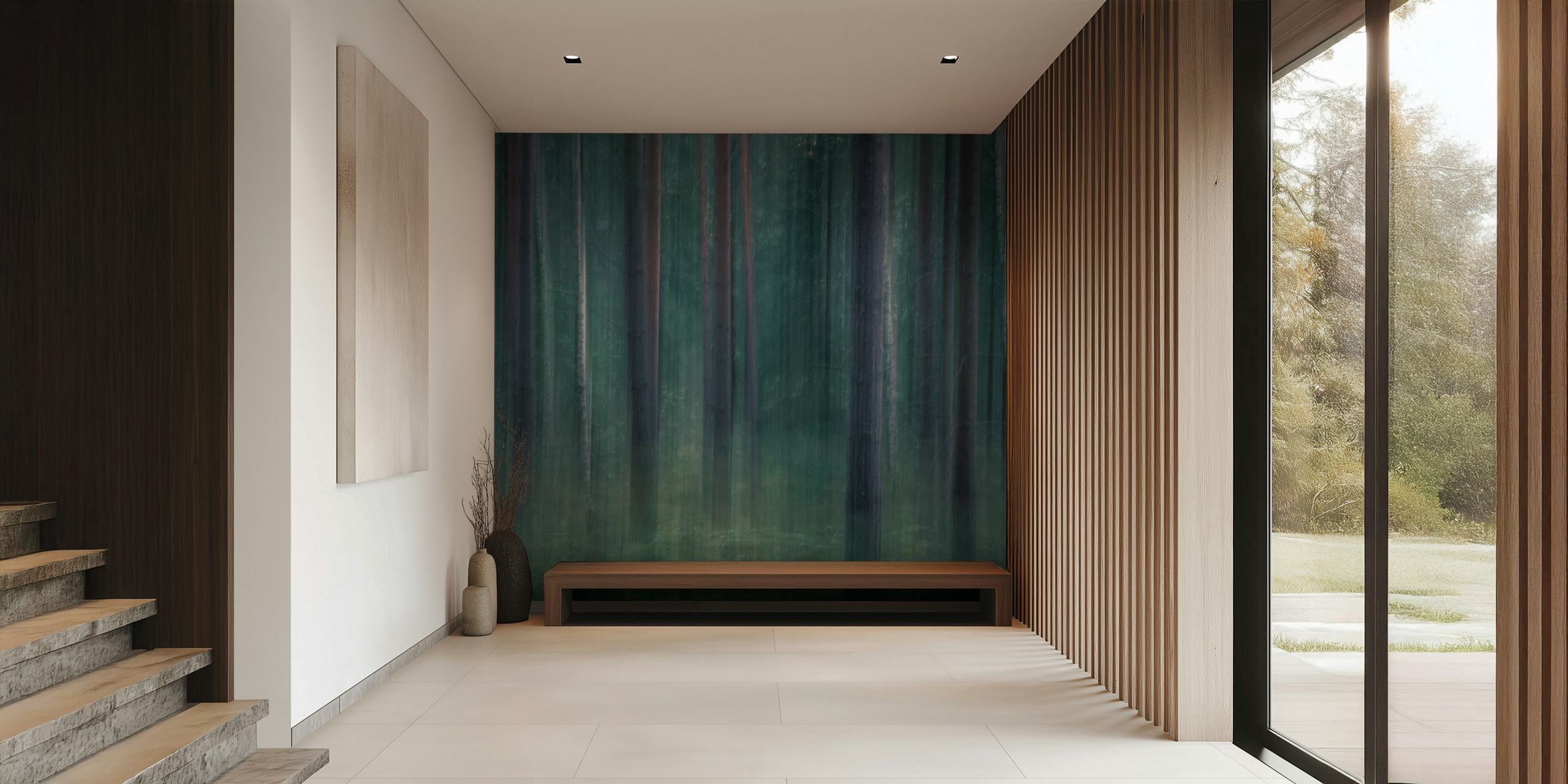 Misty forest scene with tall trees and green hues wallpaper