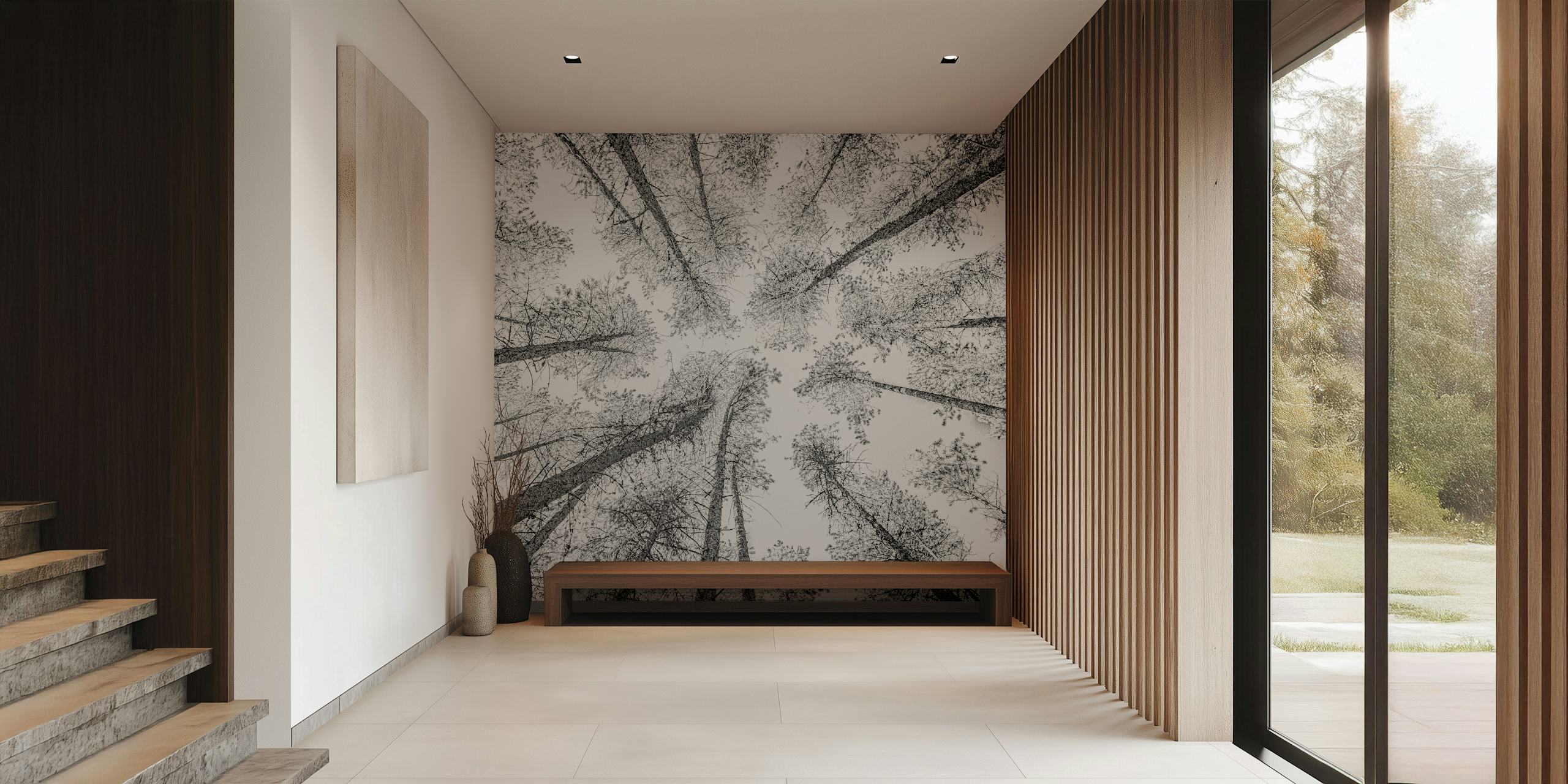 Upward view of a forest canopy wall mural in an etching style.
