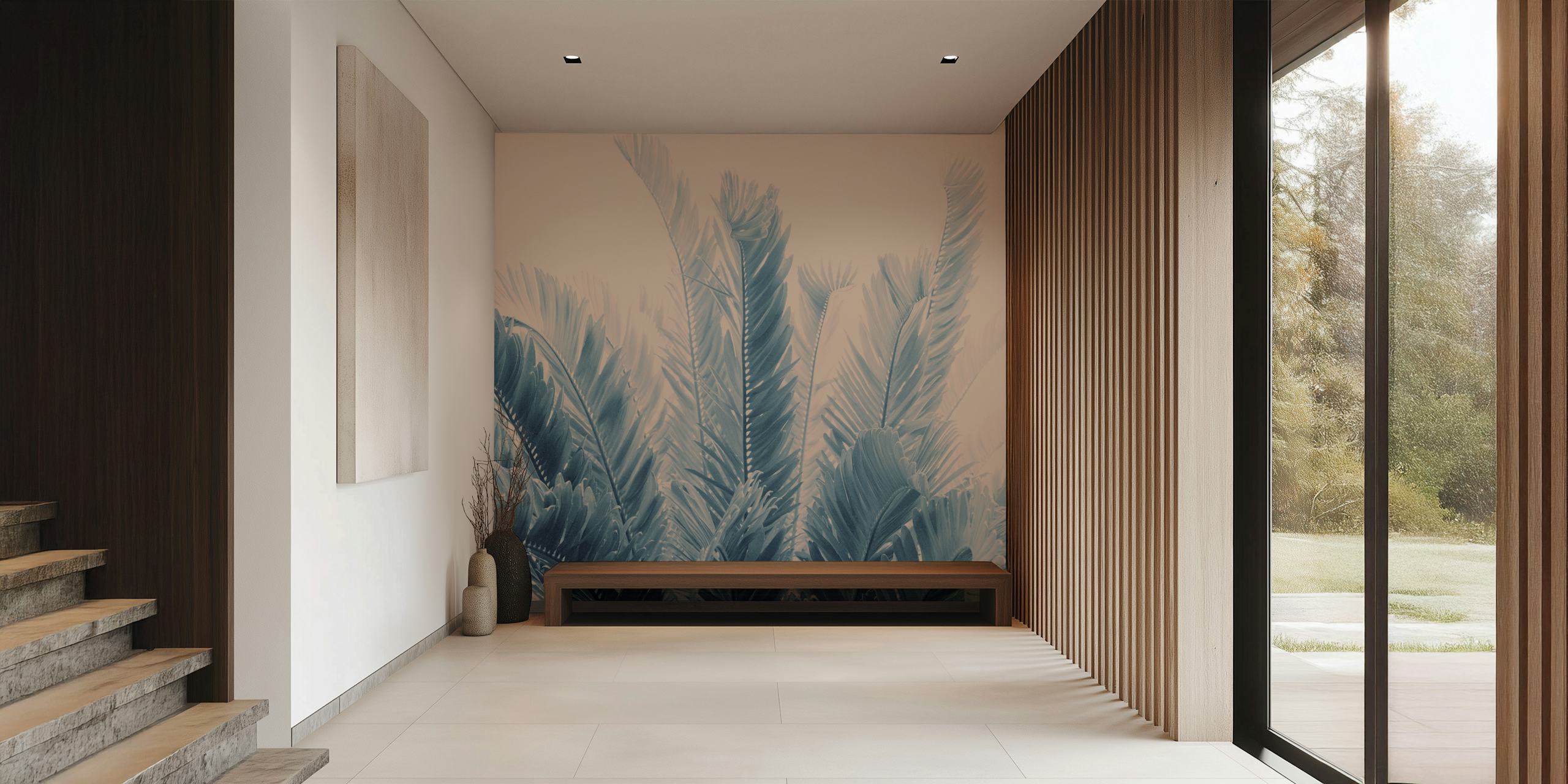 Tropical leaves wallpaper in soft blue tones