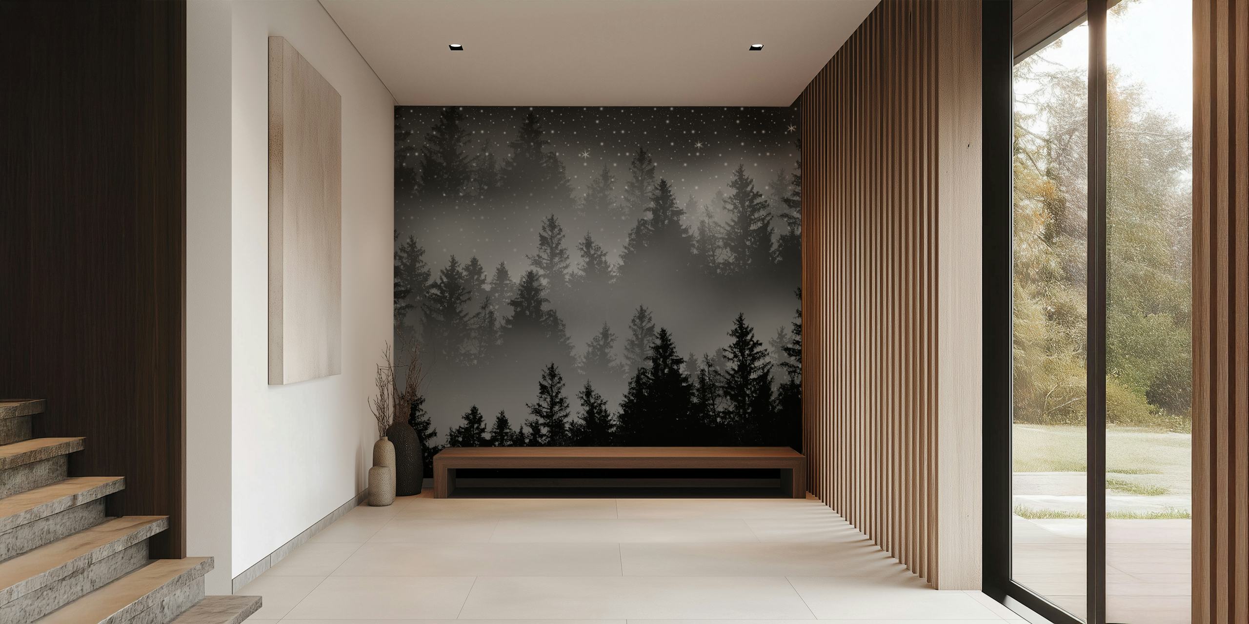 Black and white wall mural depicting a forest under a starry night sky