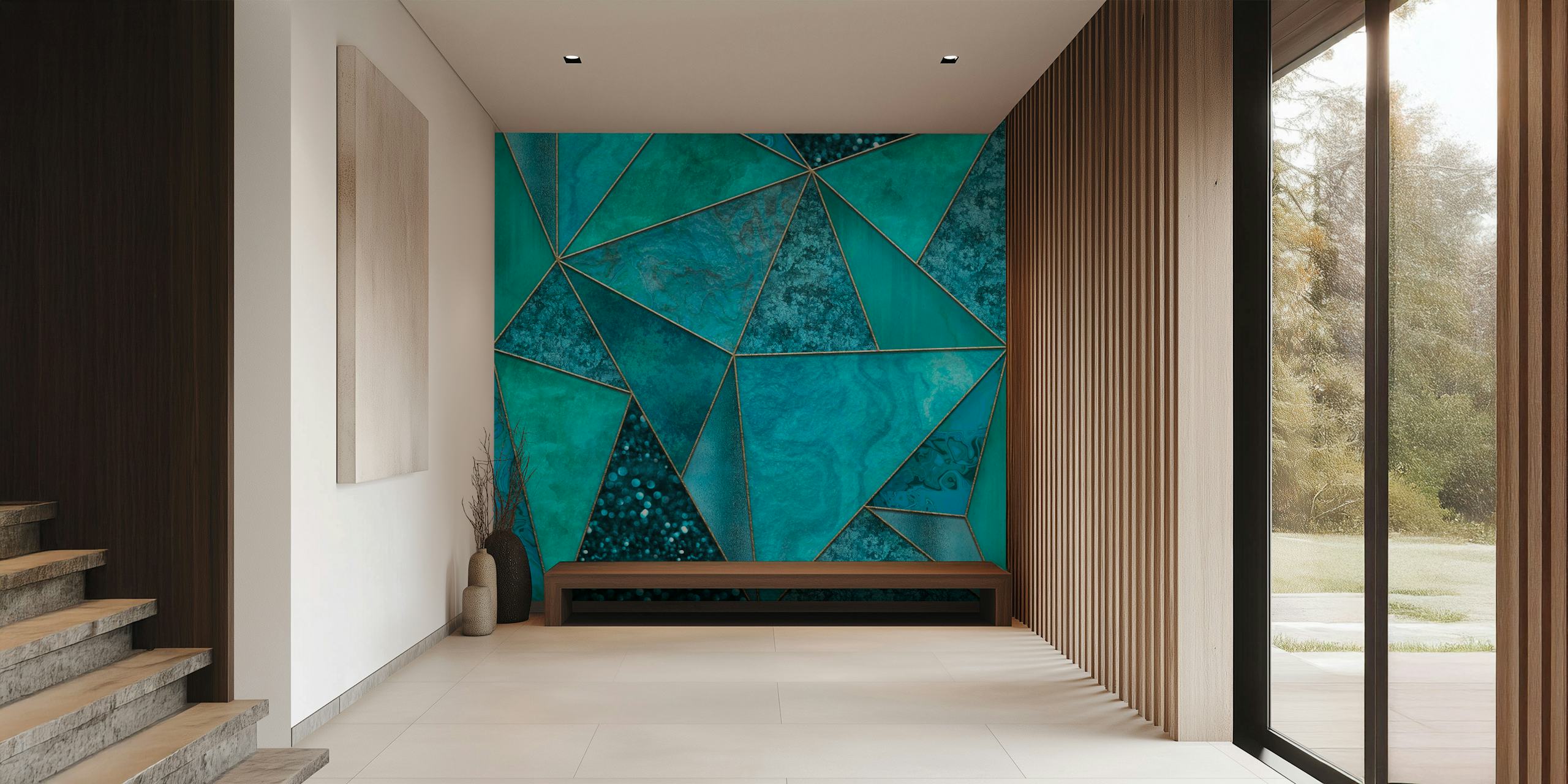 Luxury teal marble triangles wallpaper in a room