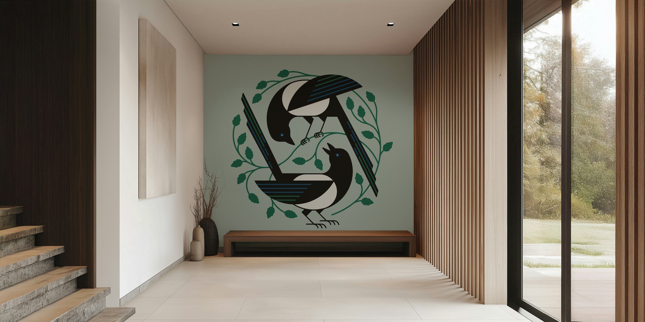 Uccelli stilizzati e fogliame murale primaverile su uno sfondo morbido