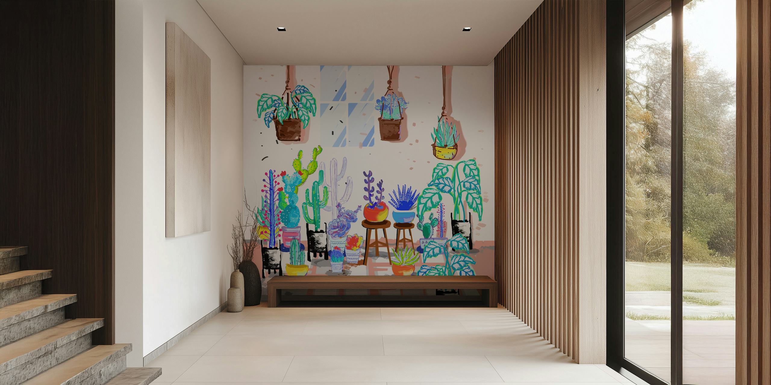 Illustrated house plants wall mural with various indoor greenery