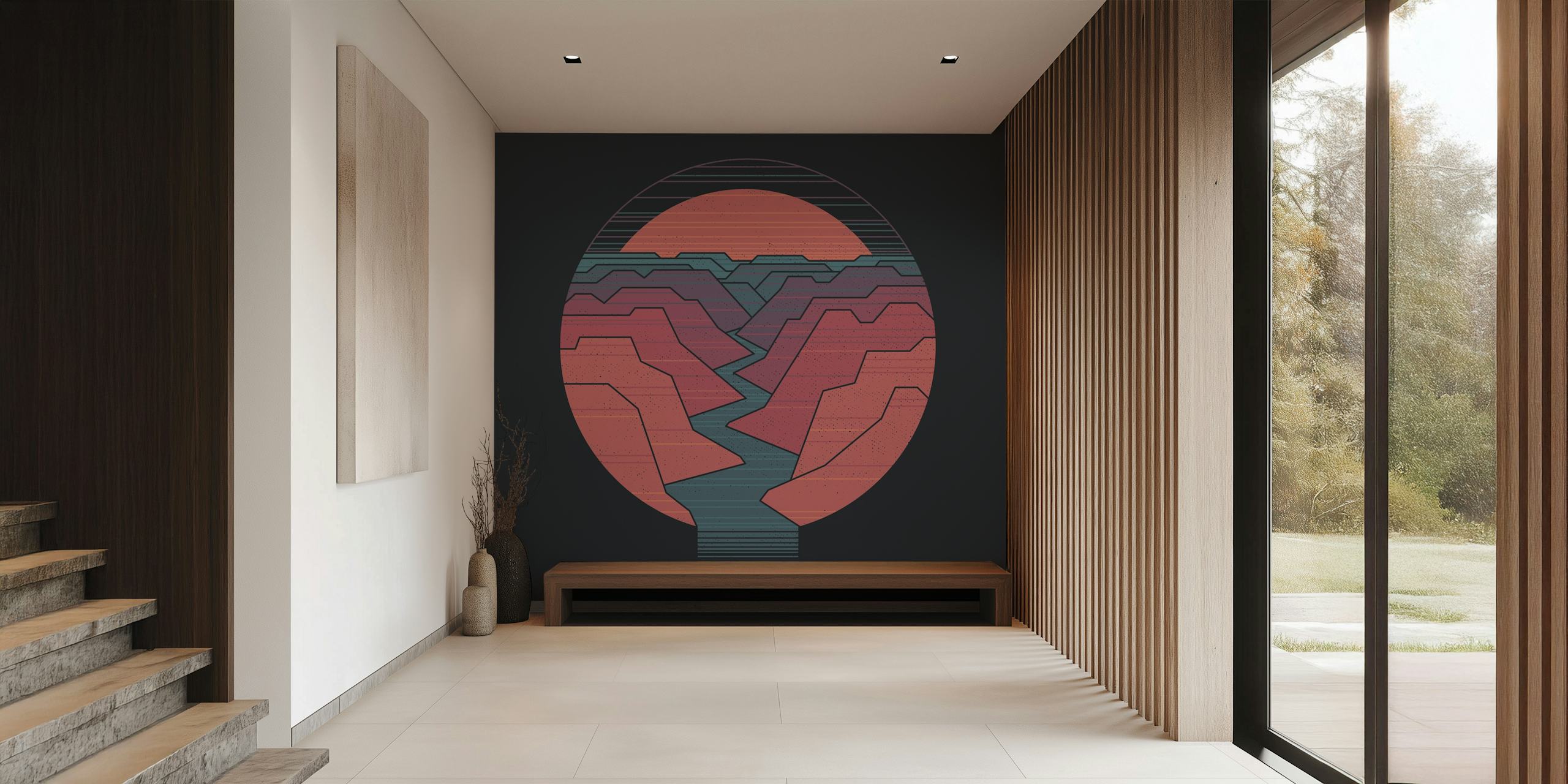 Canyon River artwork featuring pastel layered mountains and a river wall mural