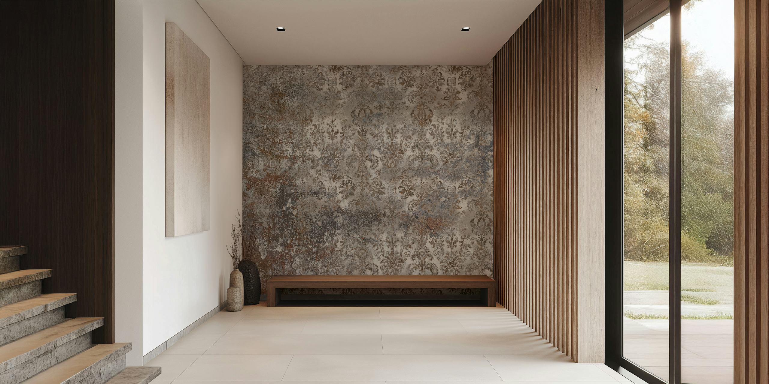 Grunge-tyylinen harmaa rustiikkinen damask-kuvioinen seinämaalaus