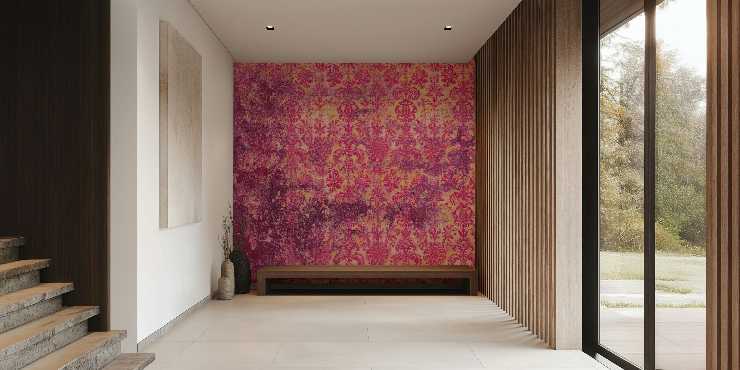 Grunge Damask Wall Fuchsia wallpaper in a room