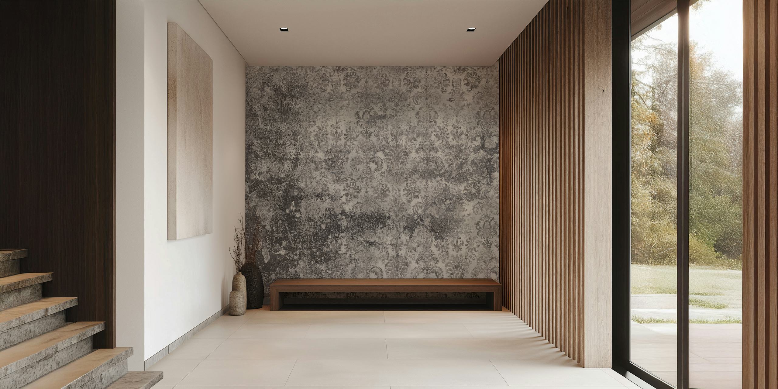 Grey damask pattern with grunge texture wallpaper