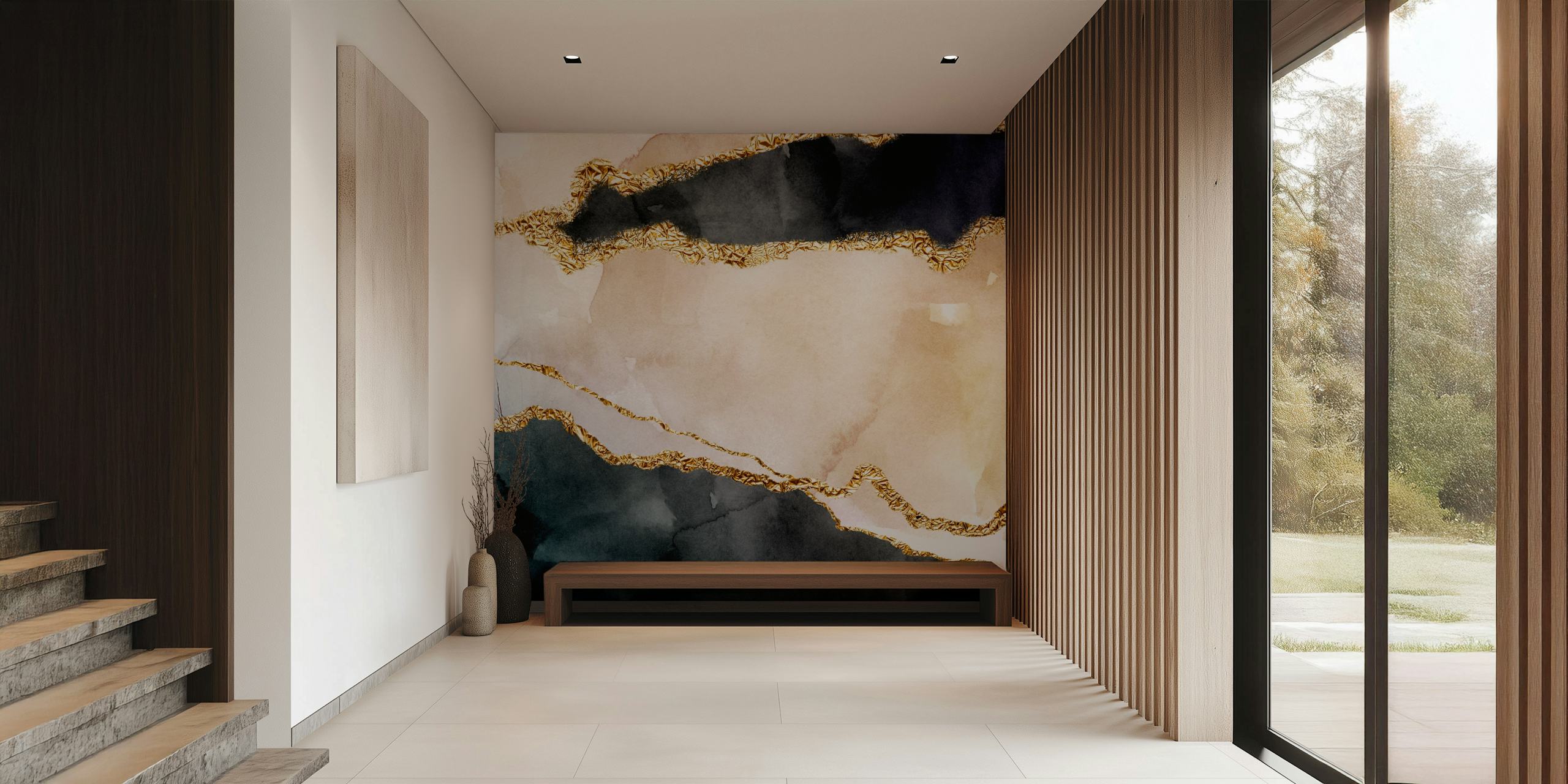 Abstract landscape wall mural with navy, gold, and cream watercolor textures