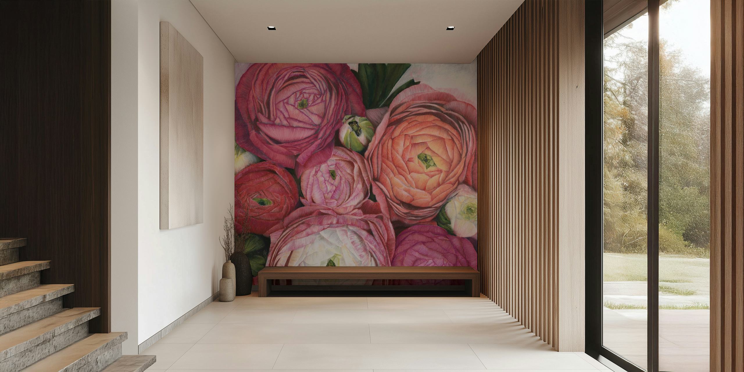 Arleth Warm Pink Bouquet tapet med blommande pioner i mjuka rosa nyanser
